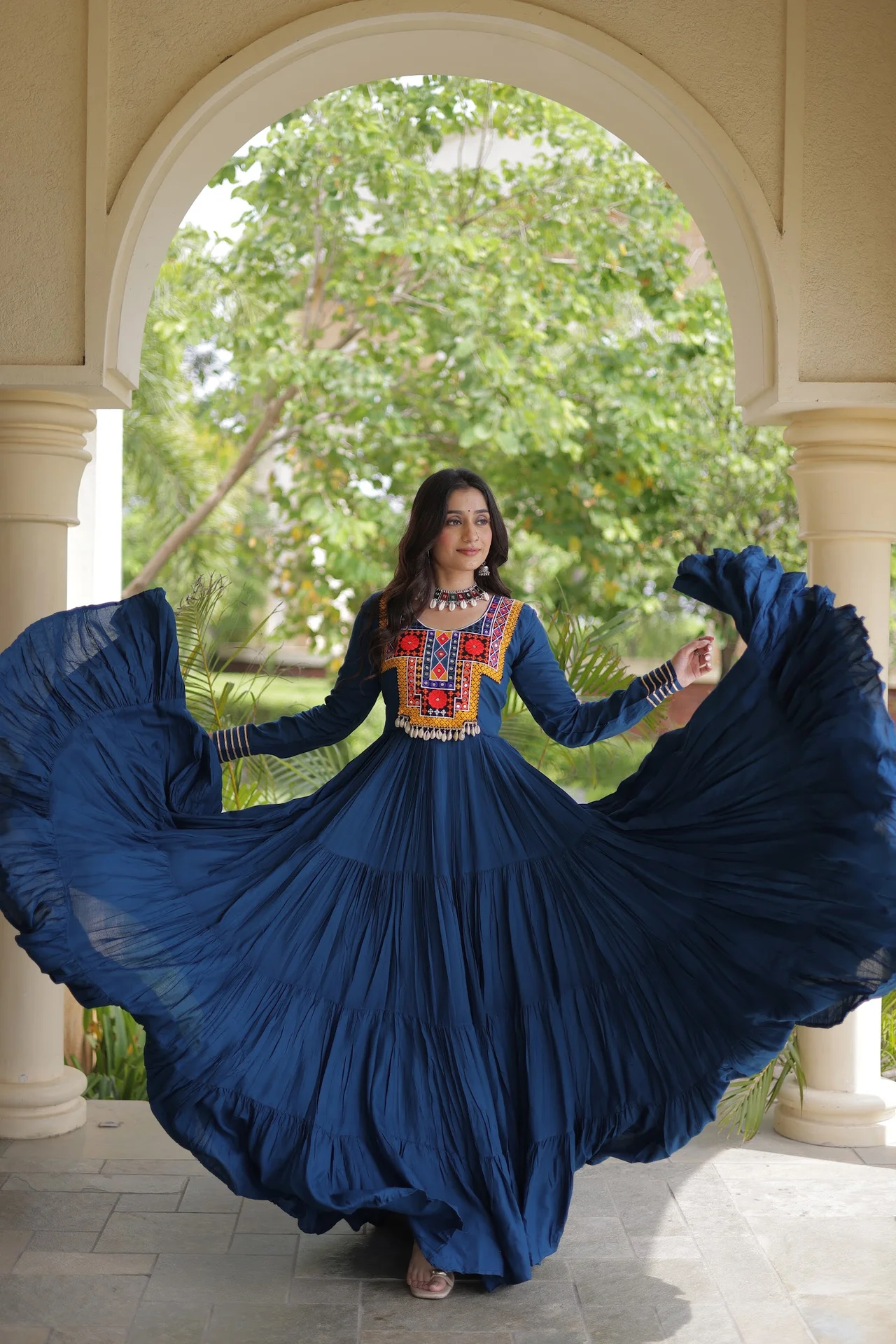 Women's Rayon Navratri Gown with Kutchi Embroidery in Teal — photo 6 of 7