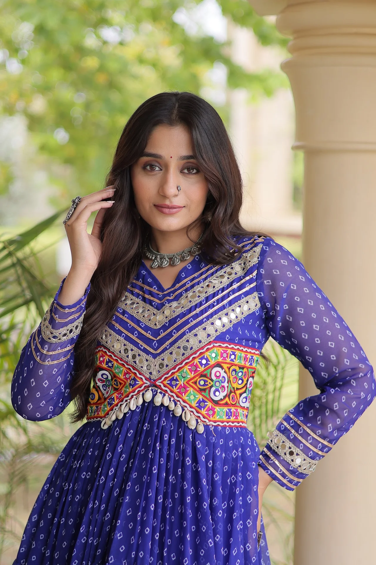 Women's Faux Georgette Anarkali Gown with Full Sleeves in Royal Blue — photo 2 of 7