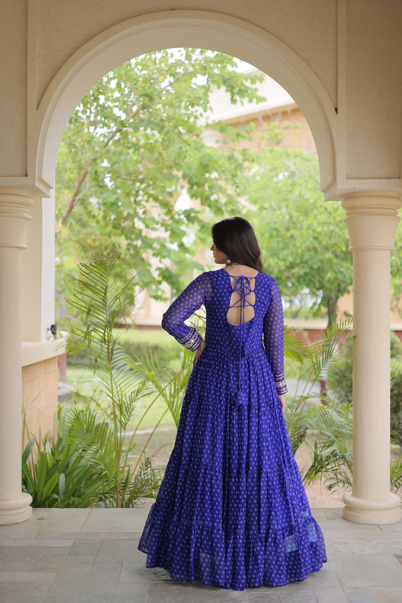 Women's Faux Georgette Anarkali Gown with Full Sleeves in Royal Blue — photo 3 of 7