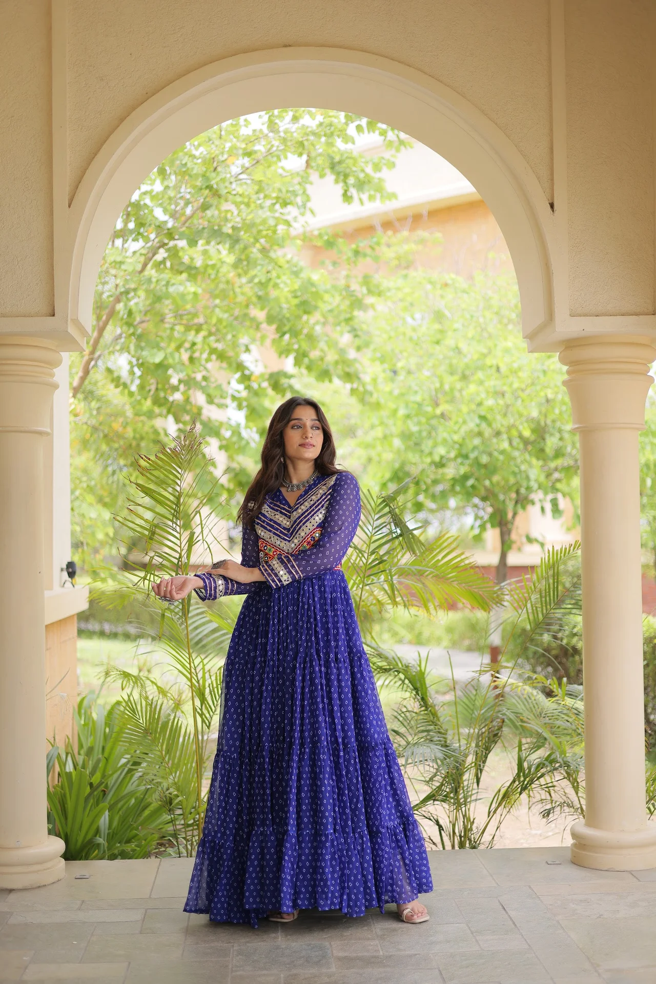 Women's Faux Georgette Anarkali Gown with Full Sleeves in Royal Blue — photo 4 of 7