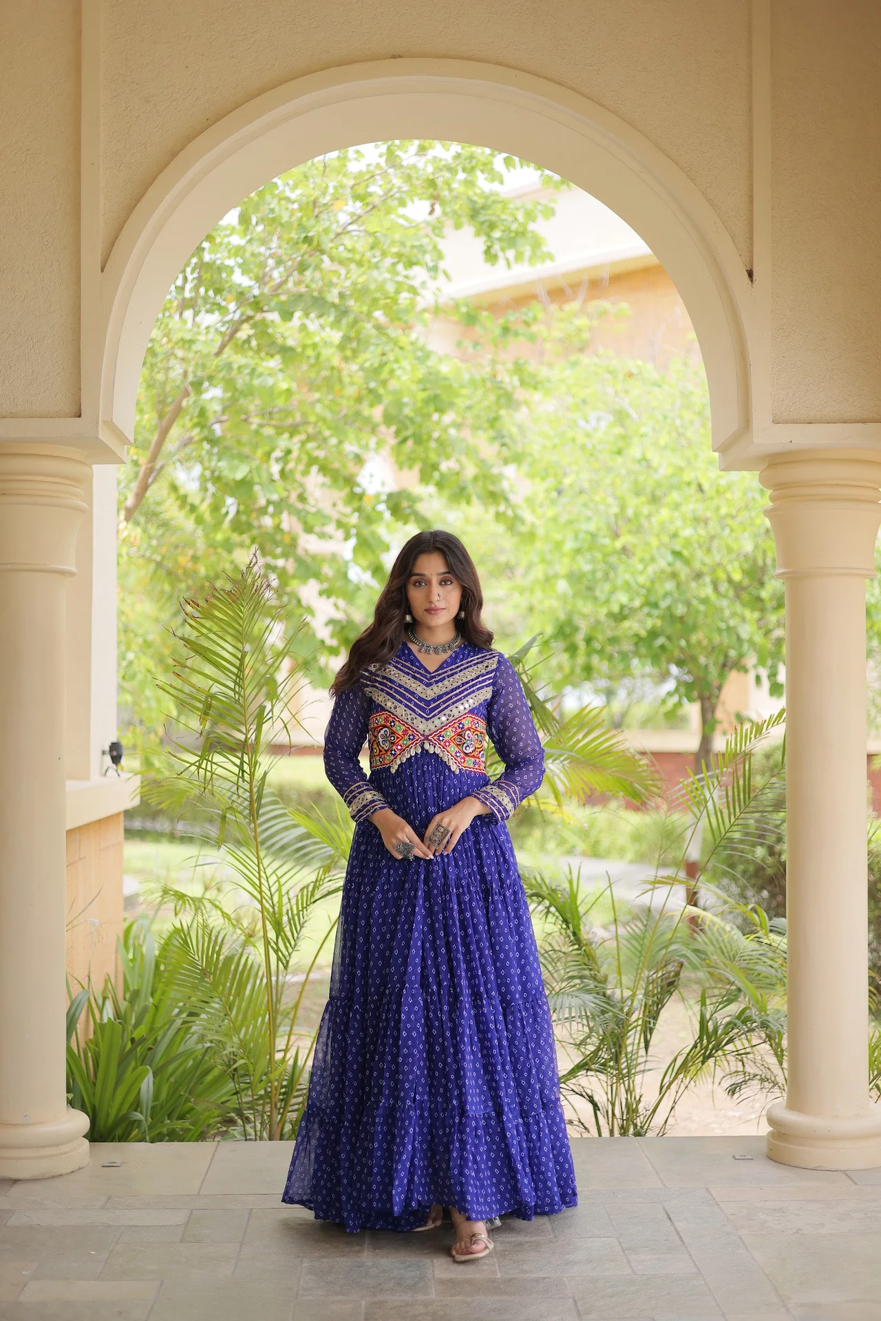 Women's Faux Georgette Anarkali Gown with Full Sleeves in Royal Blue — photo 5 of 7