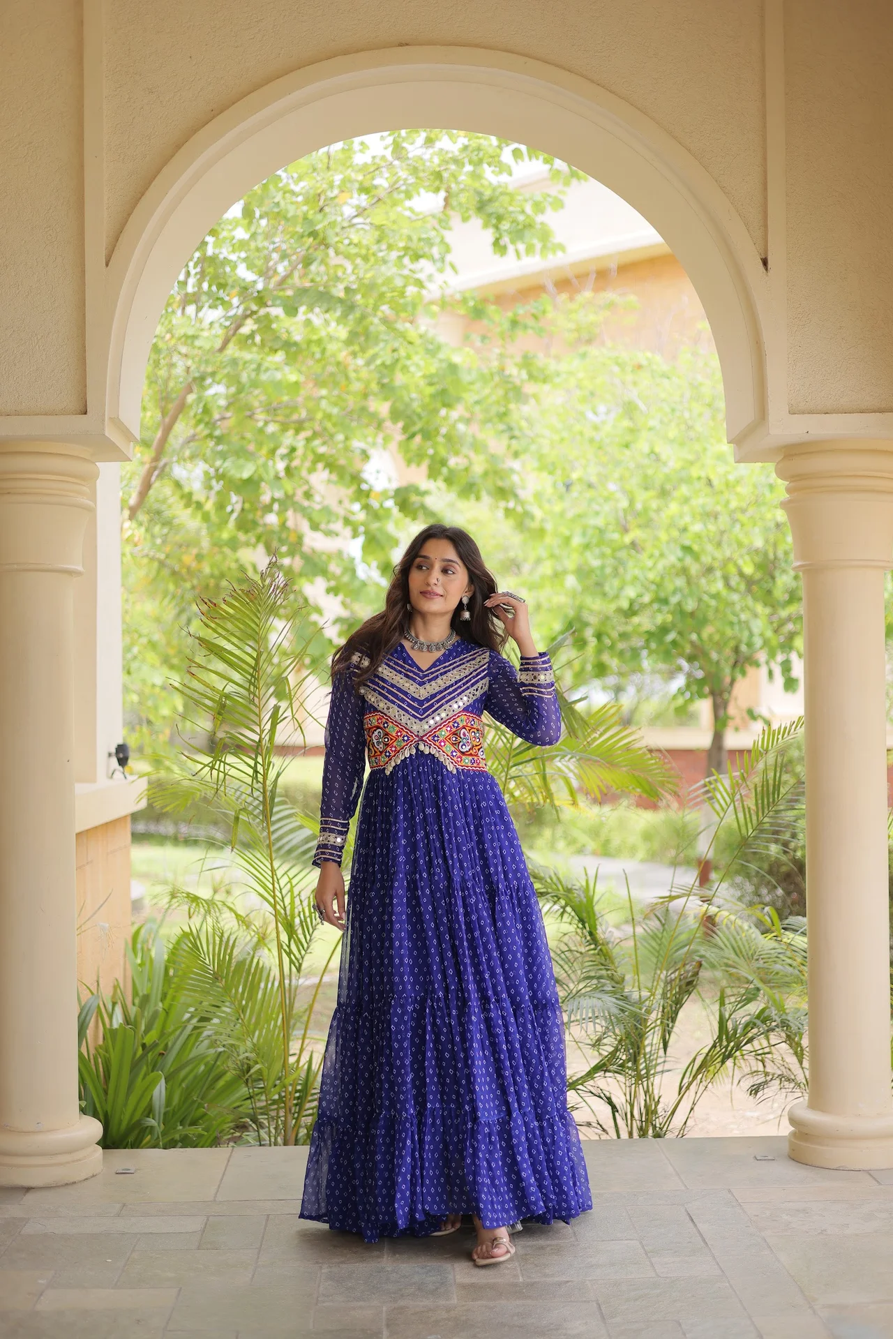 Women's Faux Georgette Anarkali Gown with Full Sleeves in Royal Blue — photo 6 of 7