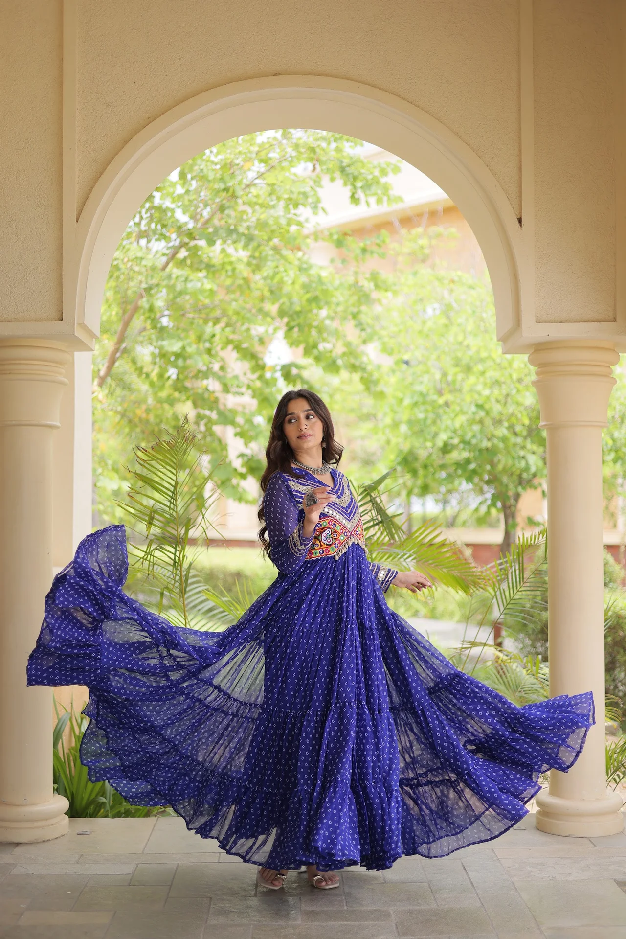 Women's Faux Georgette Anarkali Gown with Full Sleeves in Royal Blue — photo 7 of 7