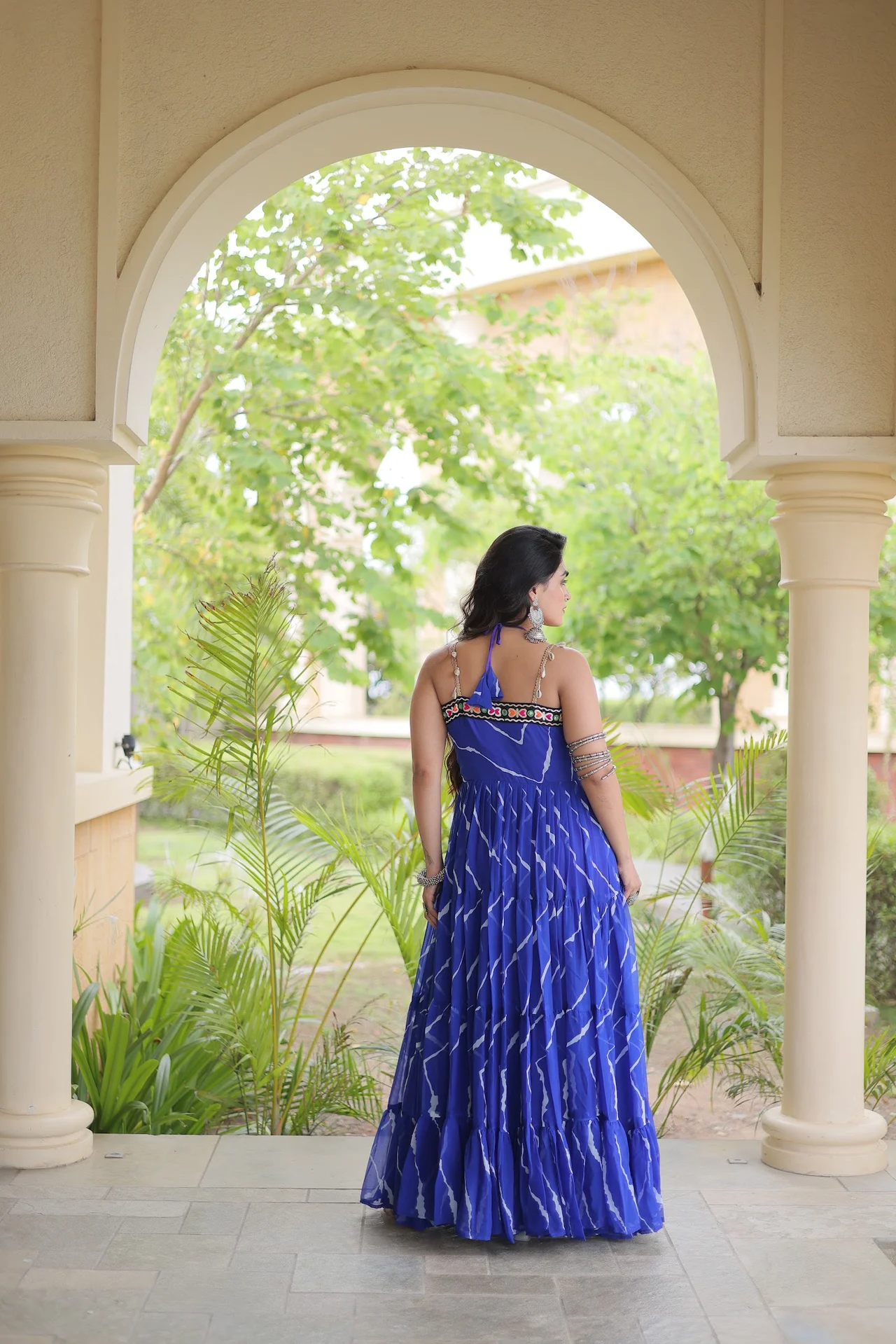 Women's Faux Georgette Flared Gown with Kutchi Patchwork in Royal Blue — photo 2 of 6