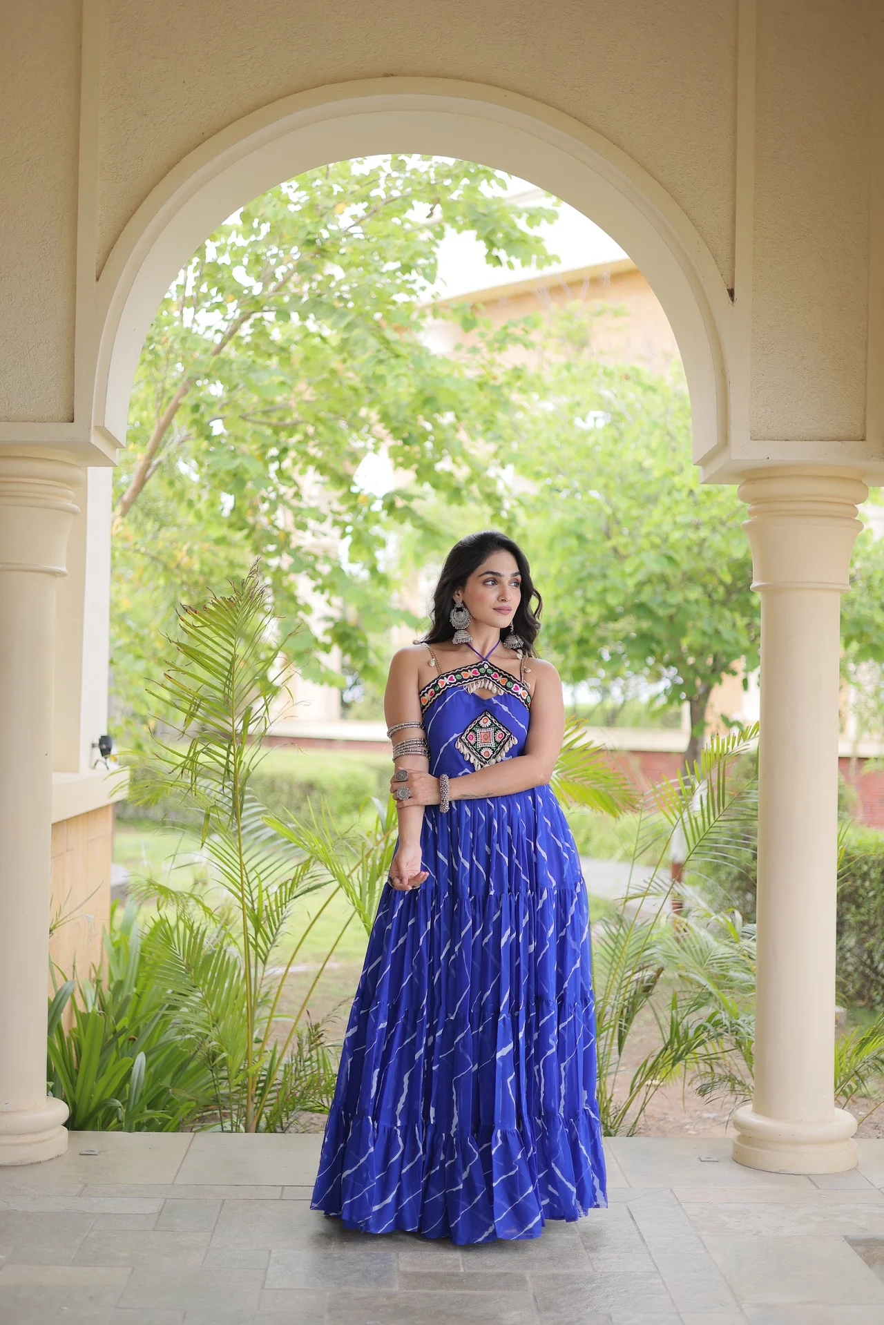 Women's Faux Georgette Flared Gown with Kutchi Patchwork in Royal Blue — photo 3 of 6