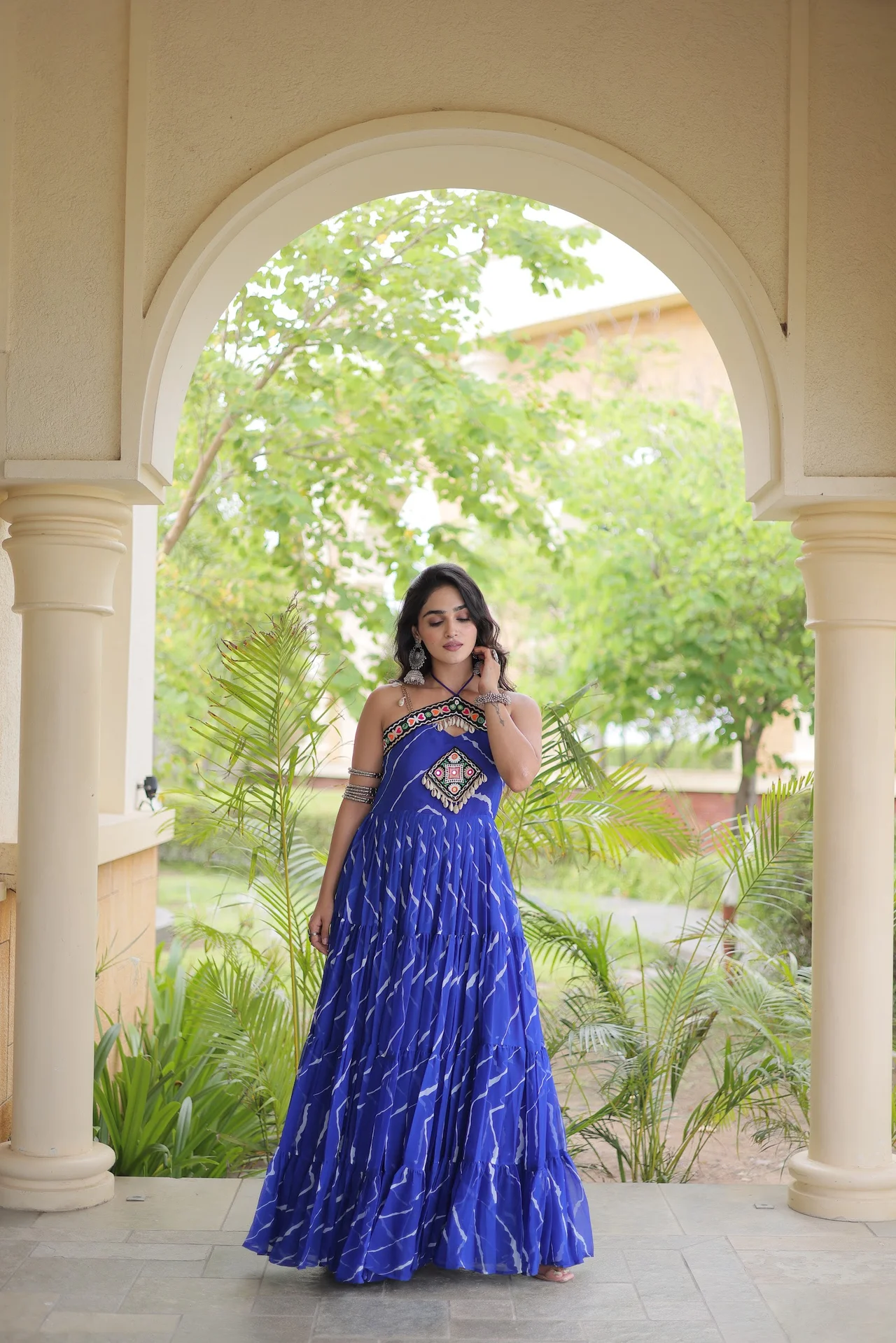 Women's Faux Georgette Flared Gown with Kutchi Patchwork in Royal Blue — photo 4 of 6