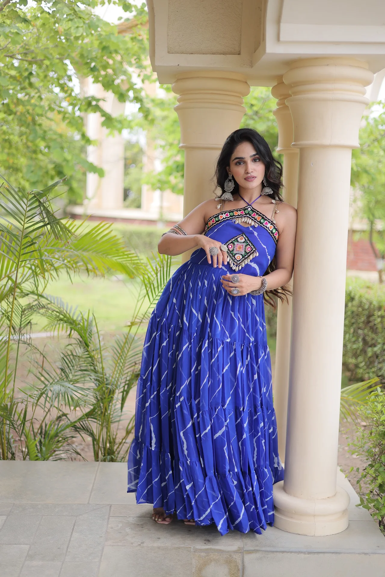 Women's Faux Georgette Flared Gown with Kutchi Patchwork in Royal Blue — photo 5 of 6