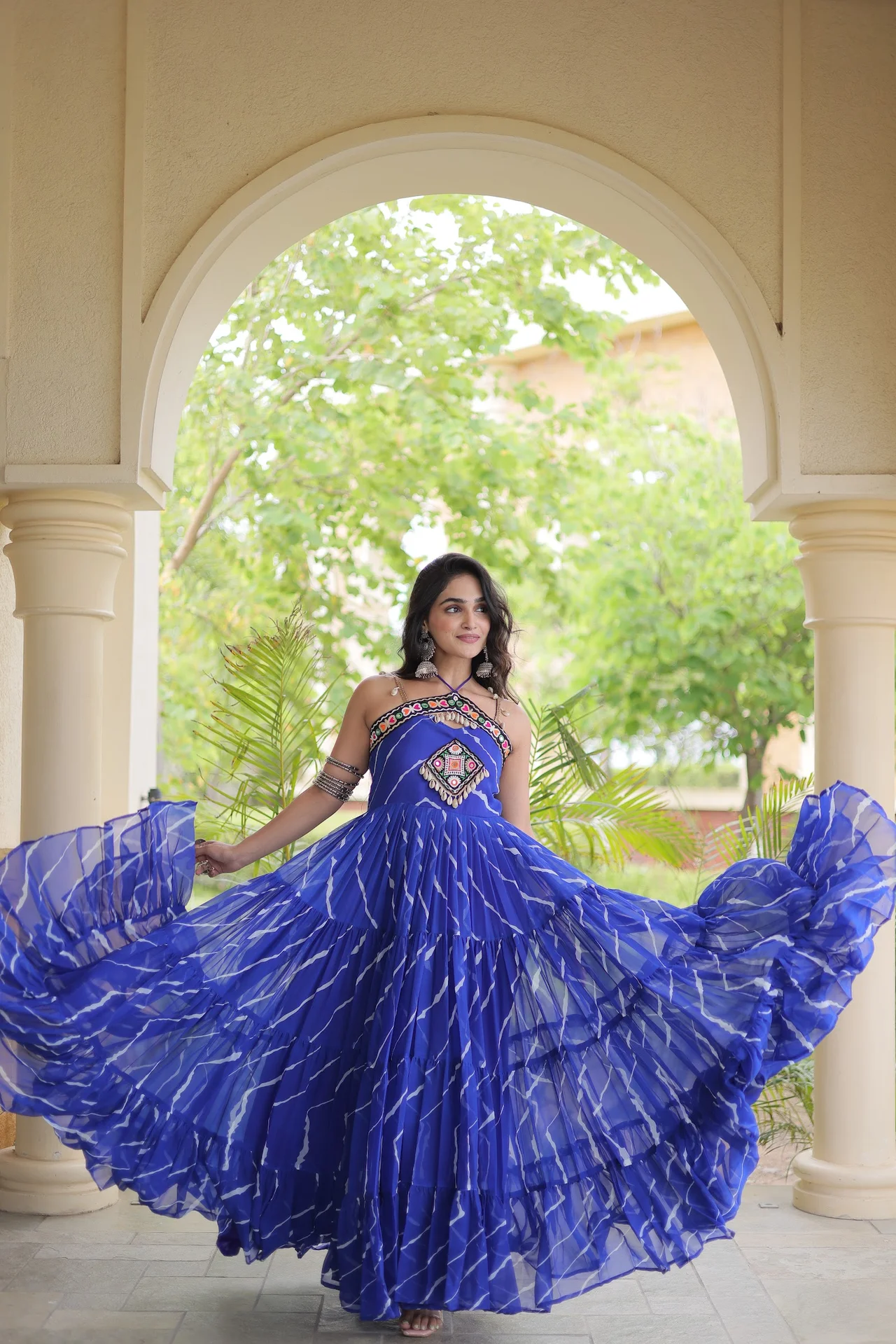 Women's Faux Georgette Flared Gown with Kutchi Patchwork in Royal Blue — photo 6 of 6