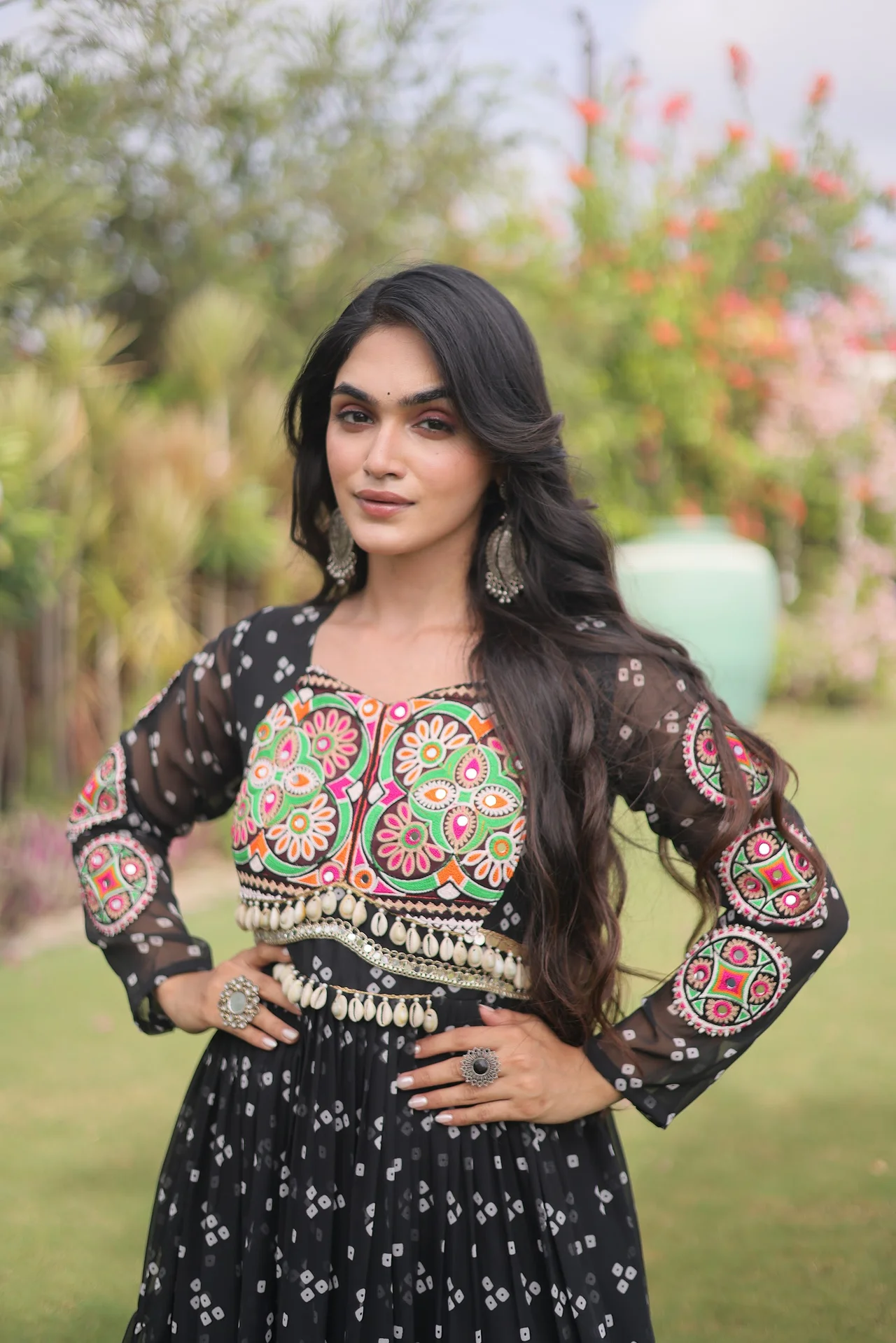Women's Faux Georgette Bandhani Print Gown with Kutchi Patchwork in Black — photo 2 of 6