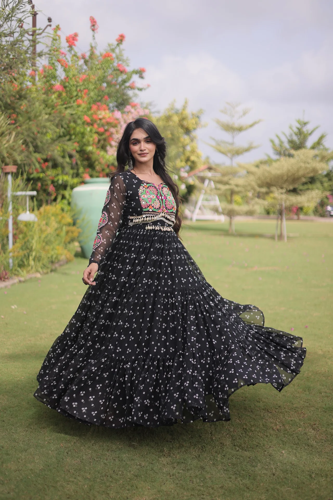 Women's Faux Georgette Bandhani Print Gown with Kutchi Patchwork in Black — photo 3 of 6