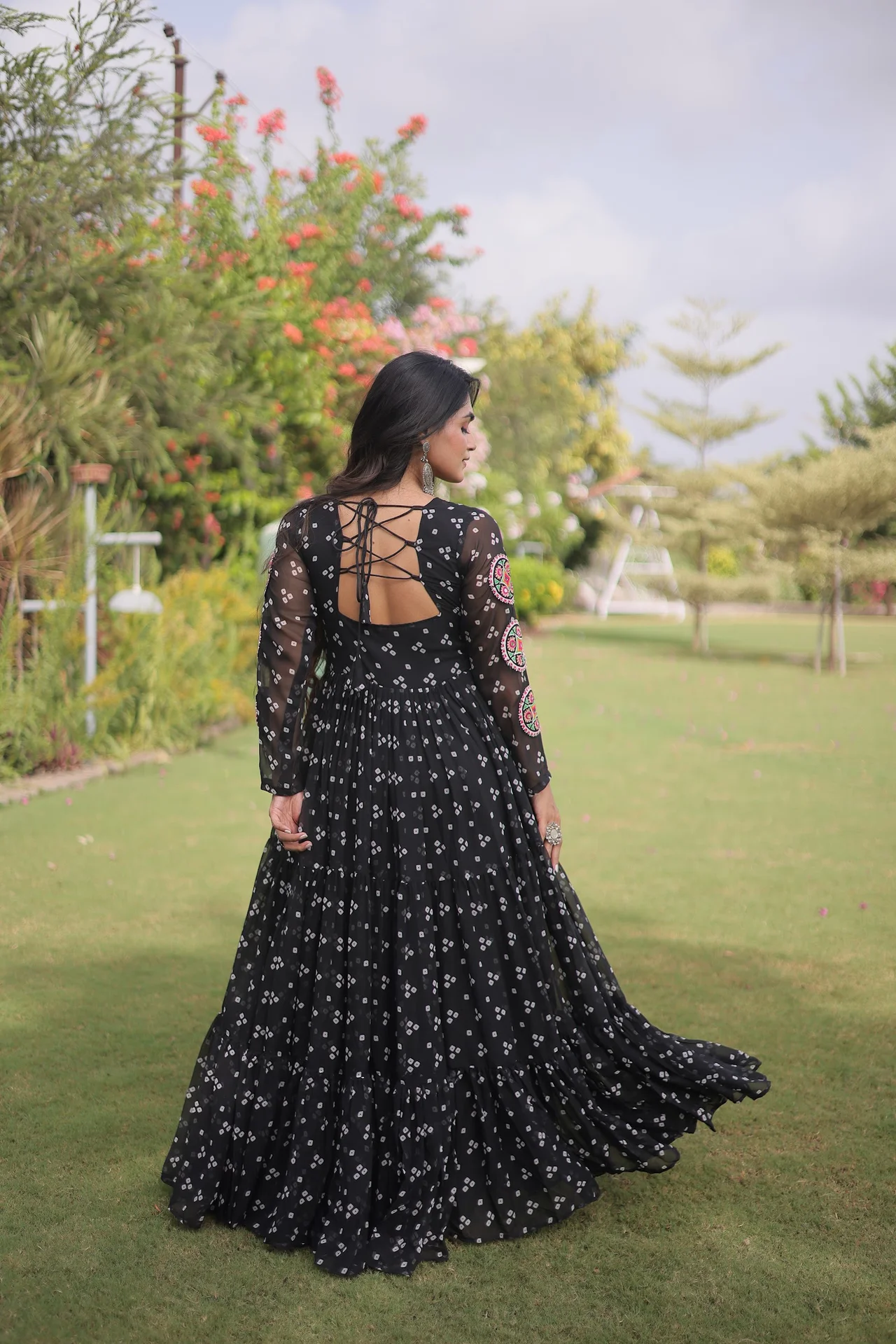 Women's Faux Georgette Bandhani Print Gown with Kutchi Patchwork in Black — photo 4 of 6