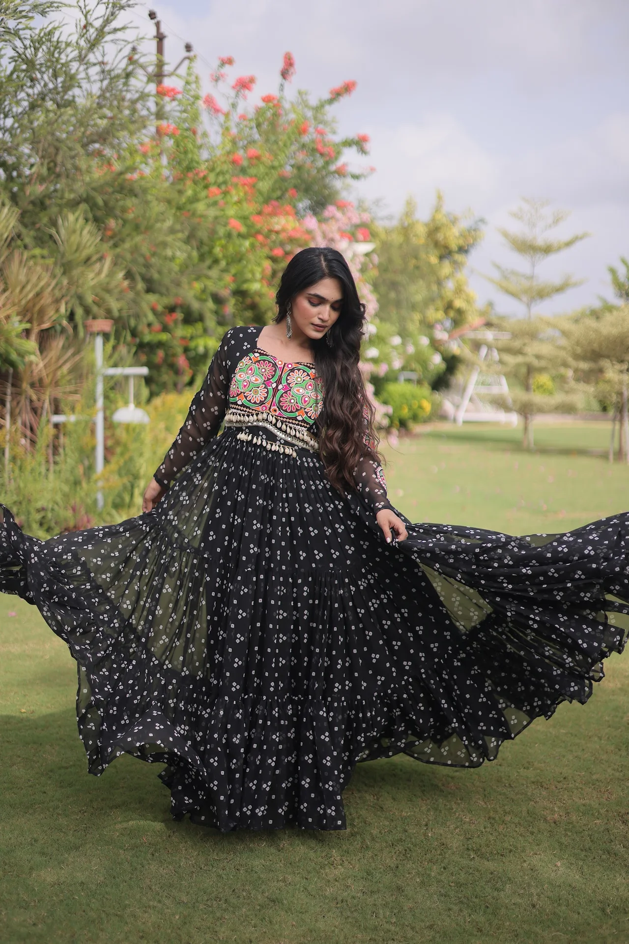 Women's Faux Georgette Bandhani Print Gown with Kutchi Patchwork in Black — photo 5 of 6