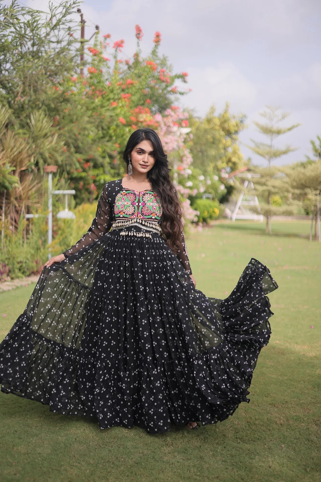 Women's Faux Georgette Bandhani Print Gown with Kutchi Patchwork in Black — photo 6 of 6