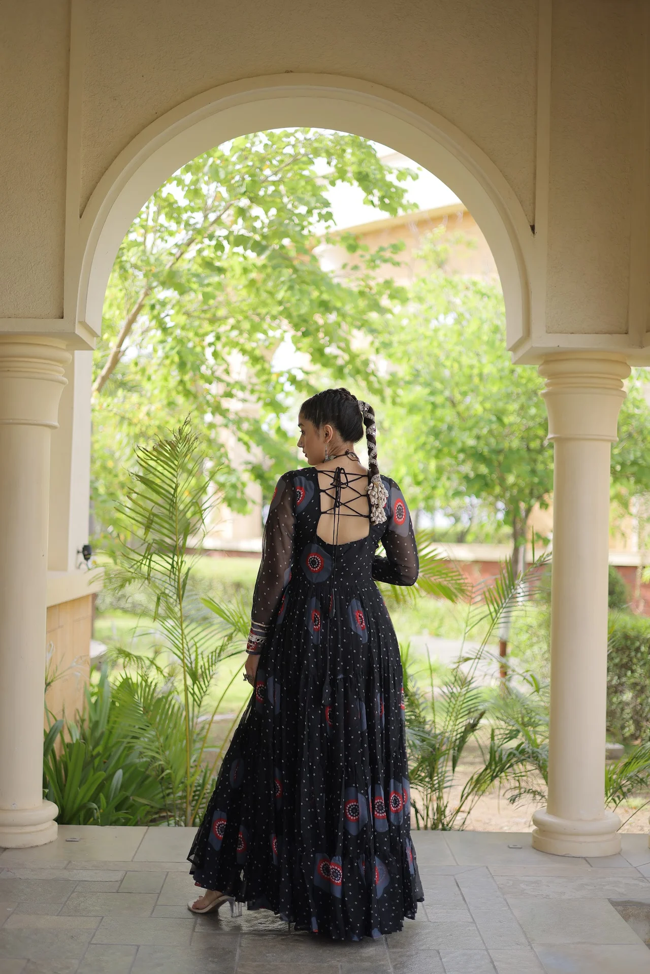 Women's Faux Georgette Gown with Bandhani Print and Kutchi Patchwork in Black — photo 2 of 6