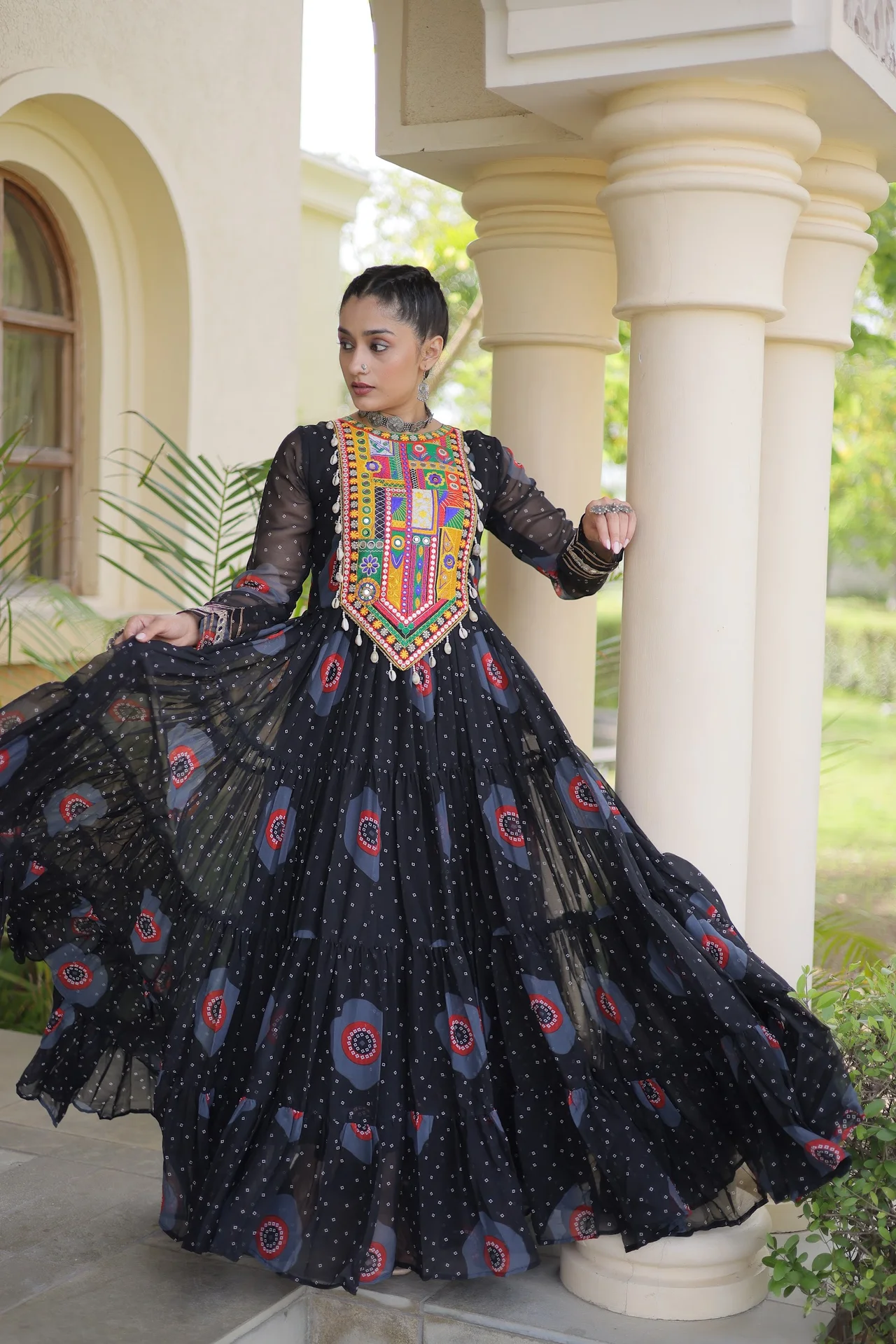 Women's Faux Georgette Gown with Bandhani Print and Kutchi Patchwork in Black — photo 3 of 6