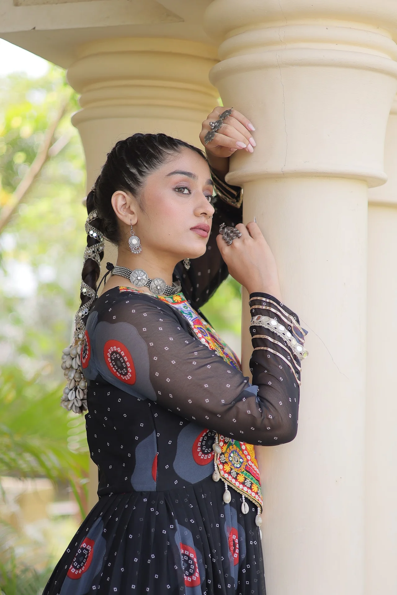 Women's Faux Georgette Gown with Bandhani Print and Kutchi Patchwork in Black — photo 4 of 6