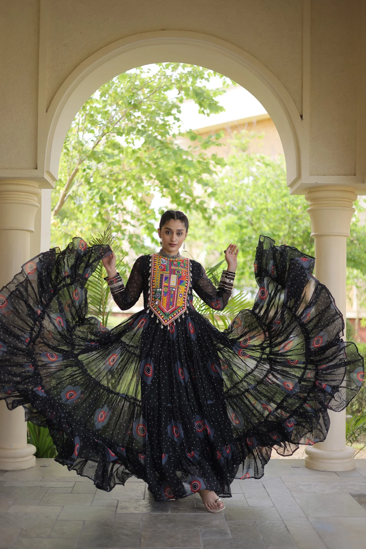 Women's Faux Georgette Gown with Bandhani Print and Kutchi Patchwork in Black — photo 5 of 6