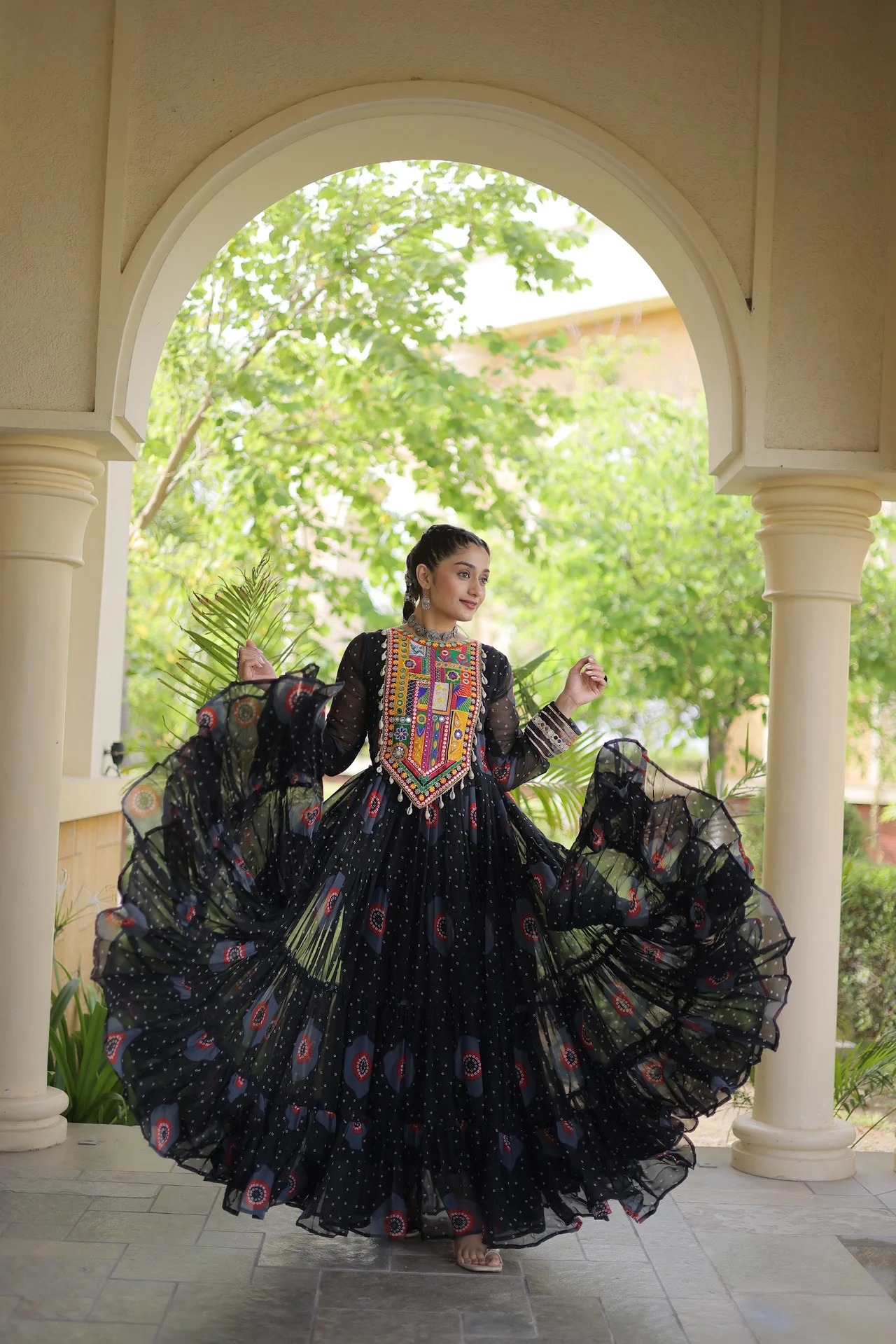 Women's Faux Georgette Gown with Bandhani Print and Kutchi Patchwork in Black — photo 6 of 6