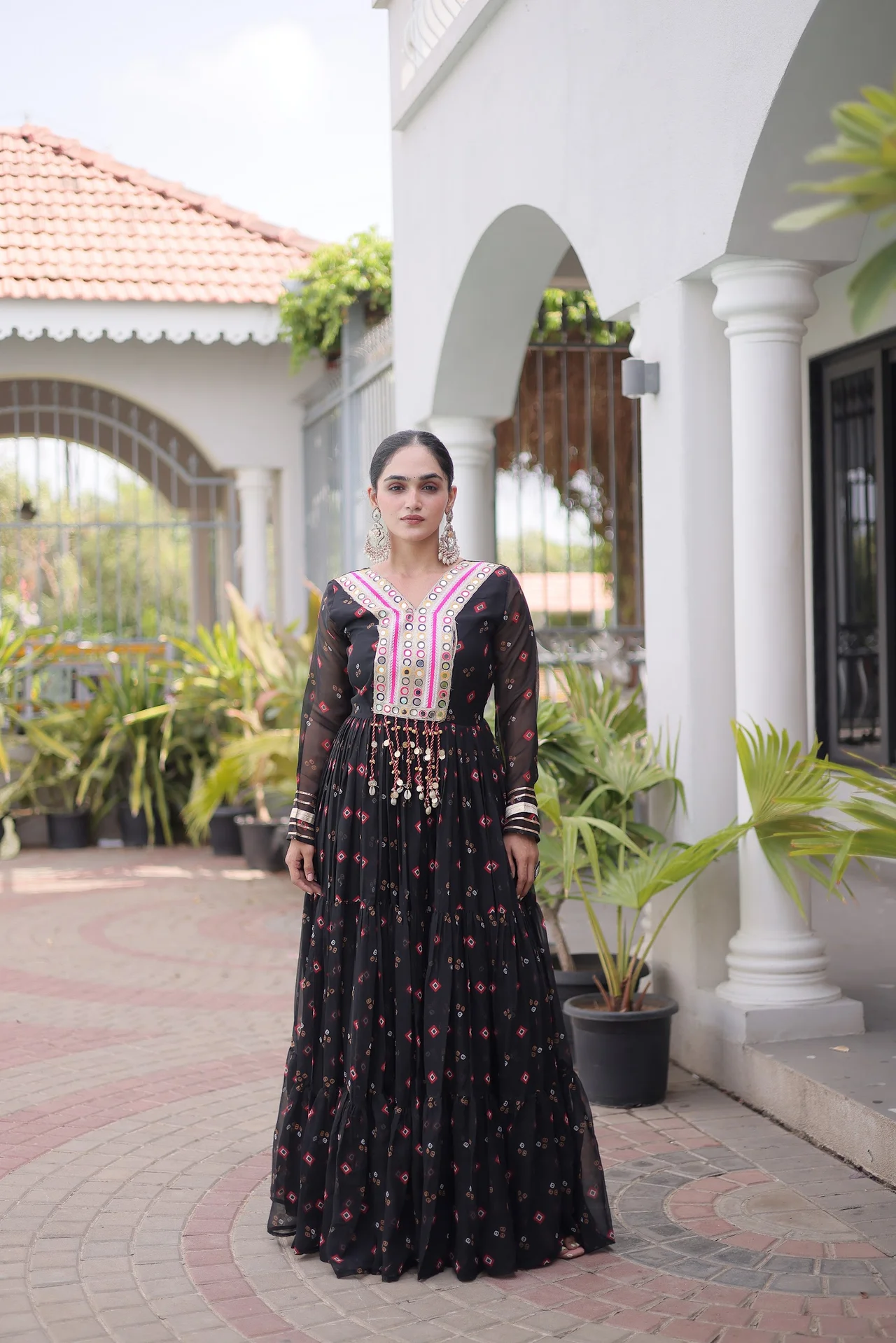 Women's Faux Georgette Gown with Kutchi Patchwork in Black — photo 2 of 7