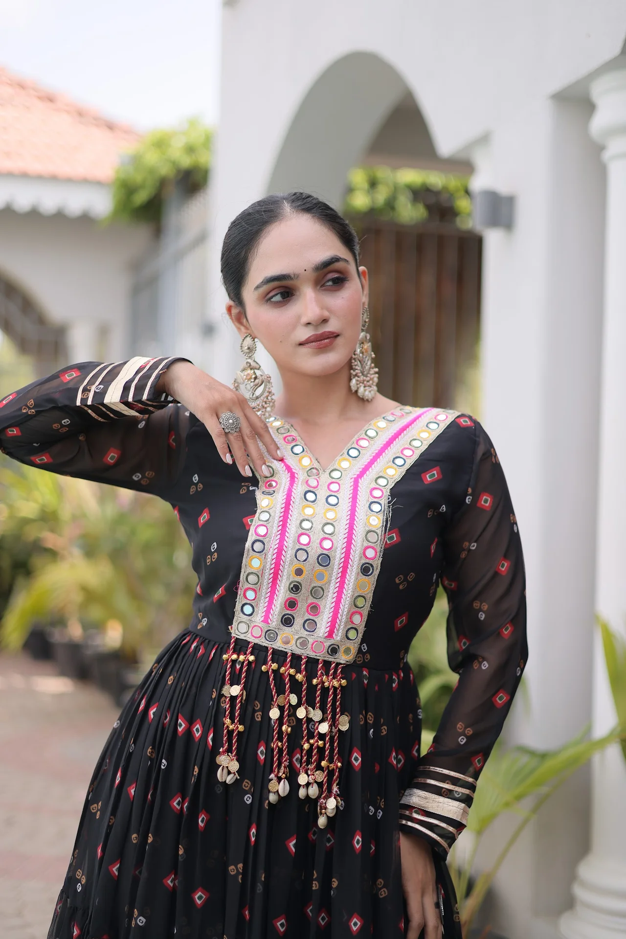 Women's Faux Georgette Gown with Kutchi Patchwork in Black — photo 3 of 7
