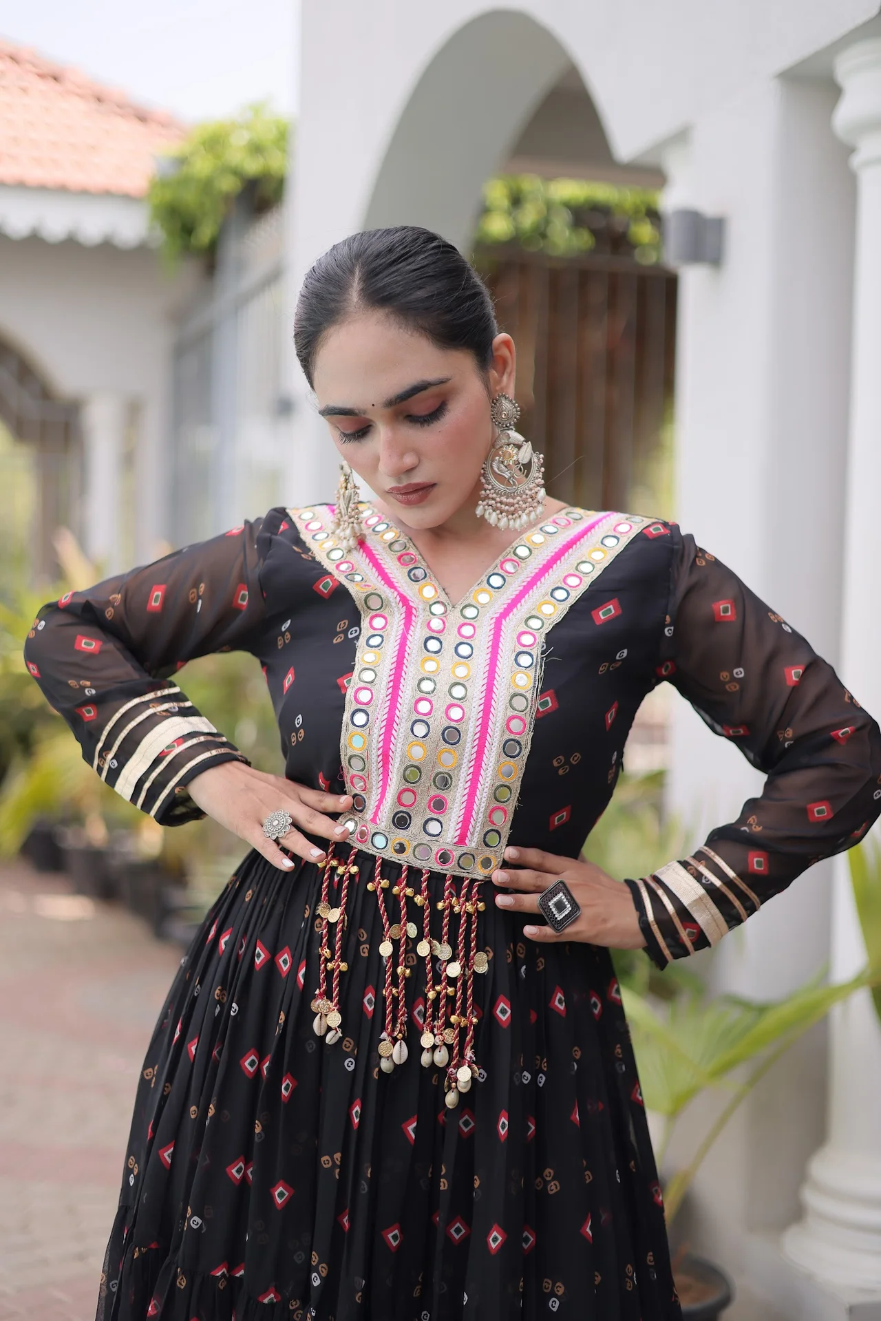 Women's Faux Georgette Gown with Kutchi Patchwork in Black — photo 4 of 7