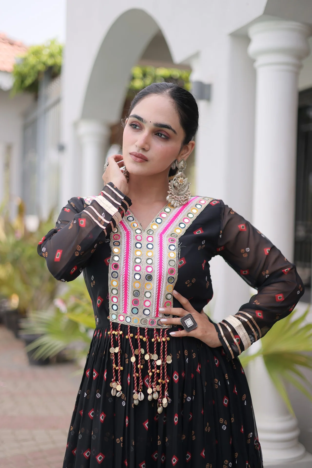 Women's Faux Georgette Gown with Kutchi Patchwork in Black — photo 5 of 7