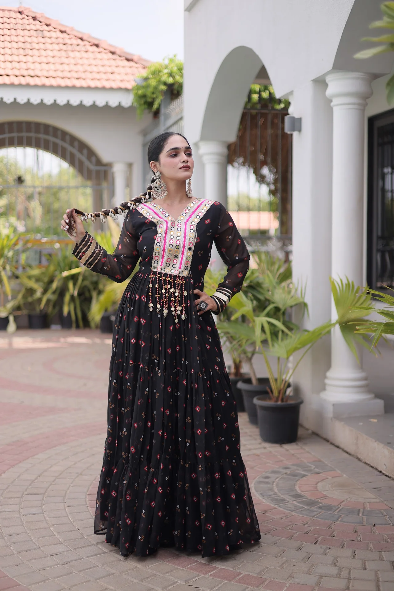 Women's Faux Georgette Gown with Kutchi Patchwork in Black — photo 6 of 7