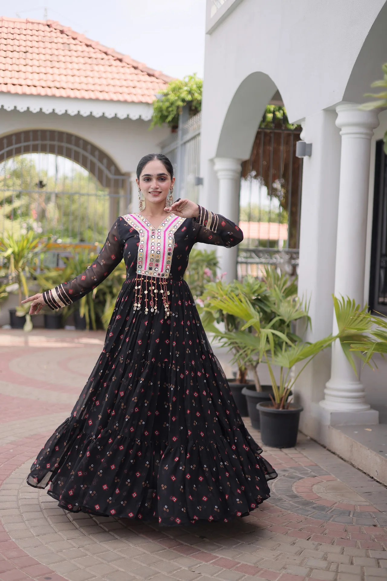 Women's Faux Georgette Gown with Kutchi Patchwork in Black — photo 7 of 7