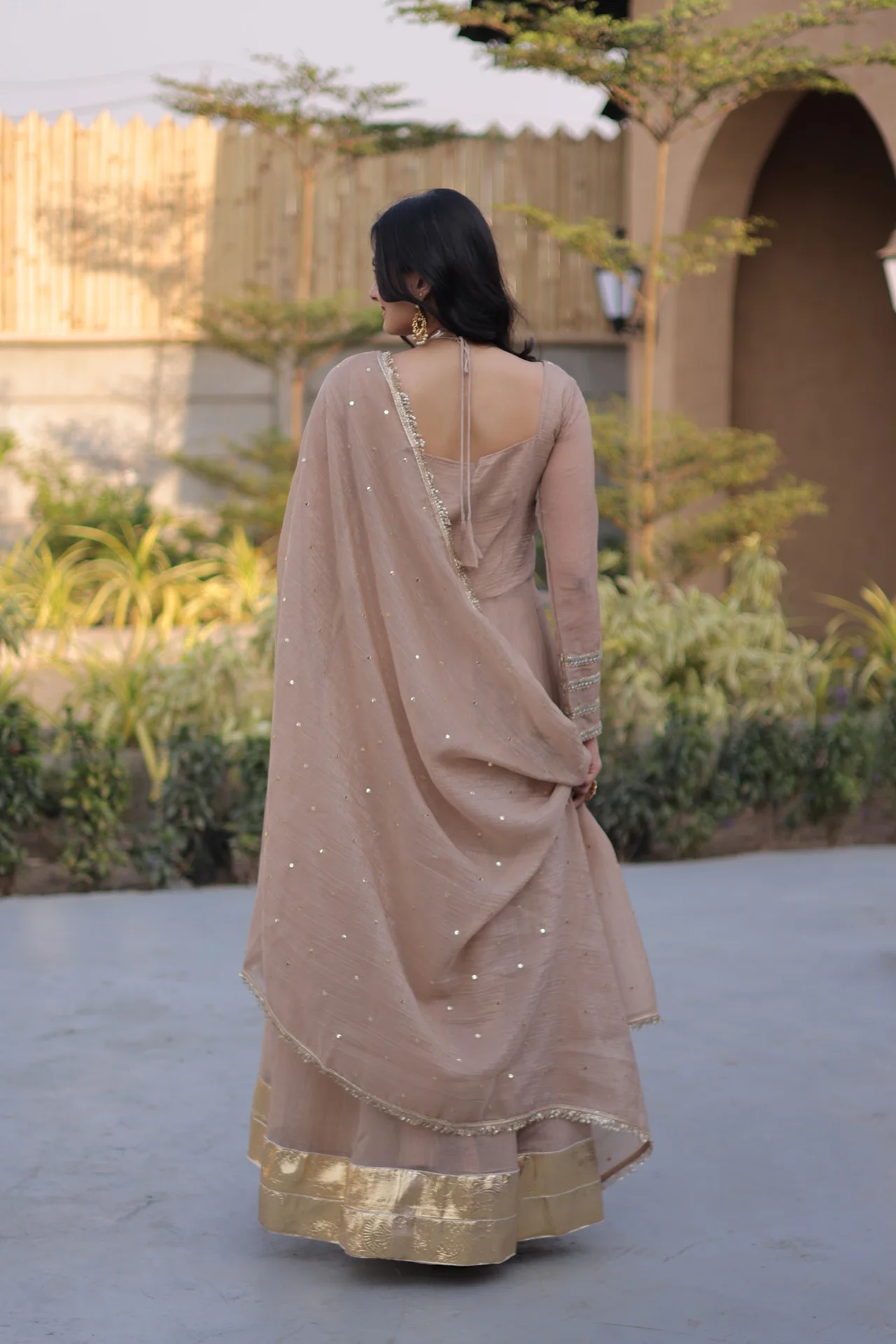 Women's Crunchy Silk Gown with Dupatta in Beige — photo 2 of 6