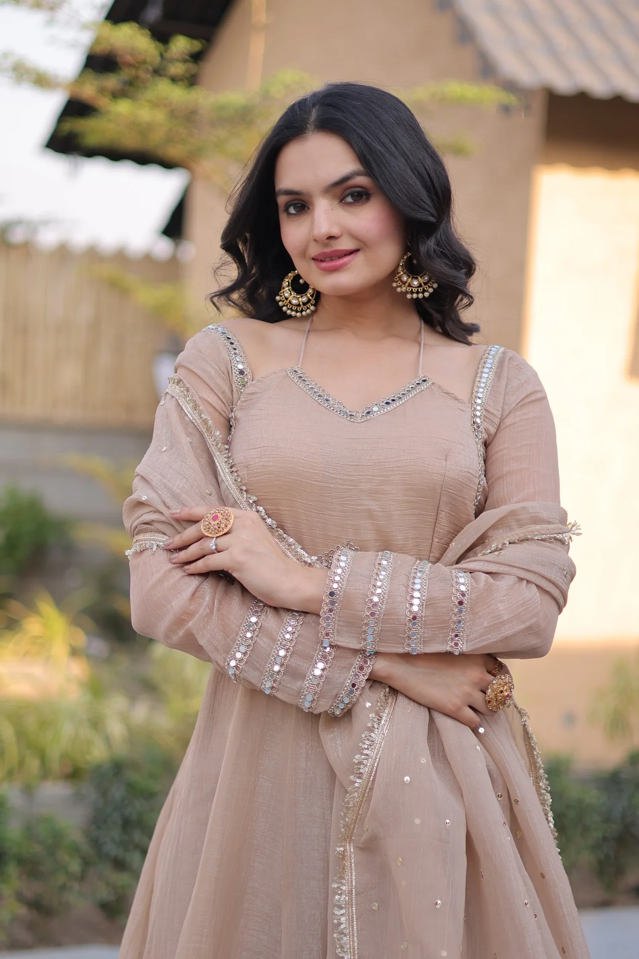 Women's Crunchy Silk Gown with Dupatta in Beige — photo 3 of 6