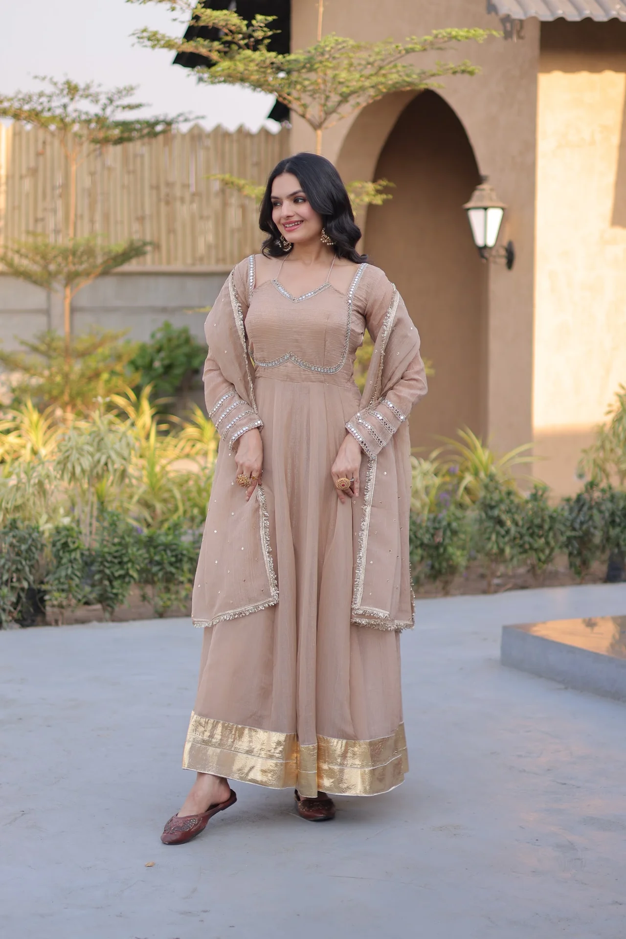 Women's Crunchy Silk Gown with Dupatta in Beige — photo 4 of 6