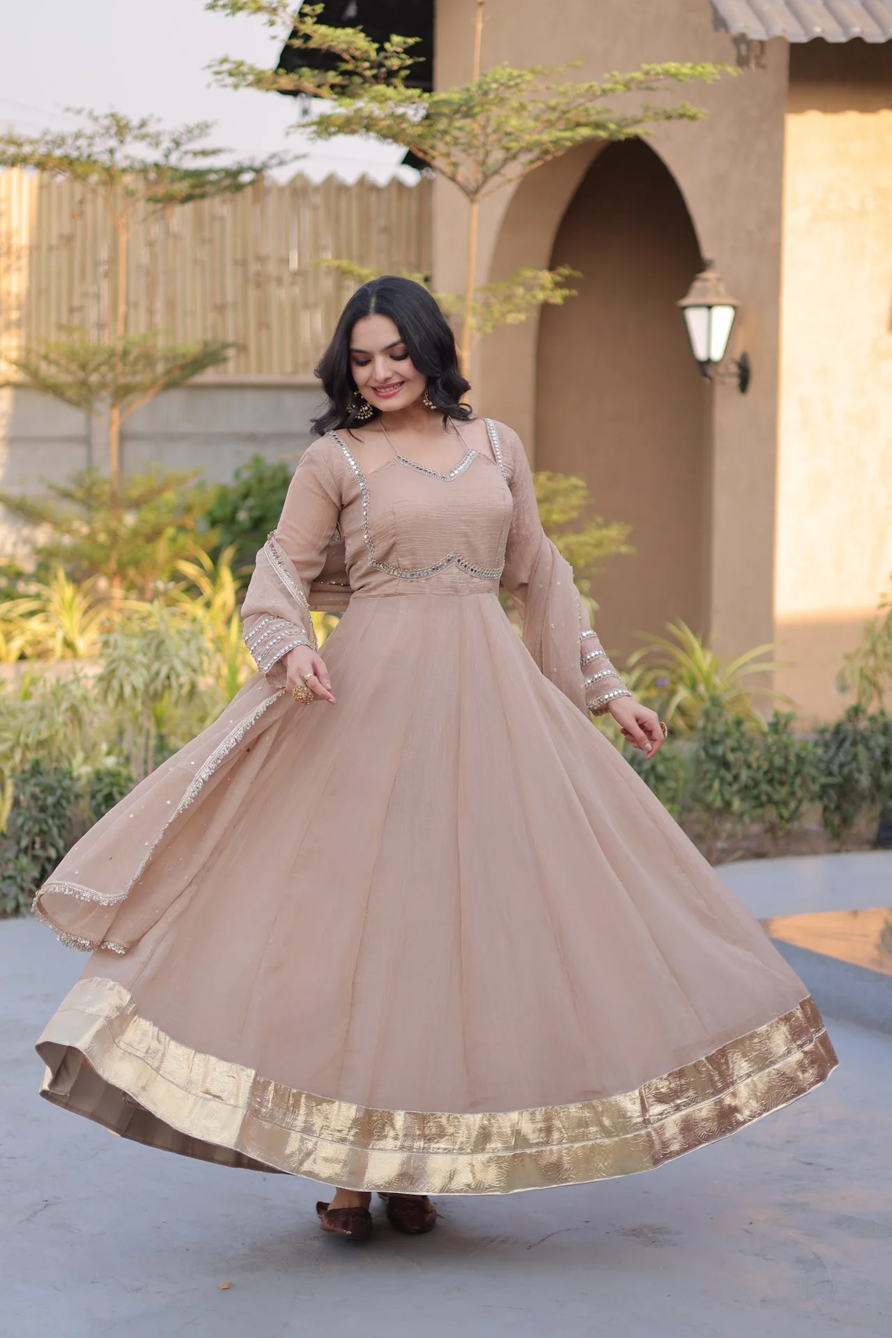 Women's Crunchy Silk Gown with Dupatta in Beige — photo 5 of 6