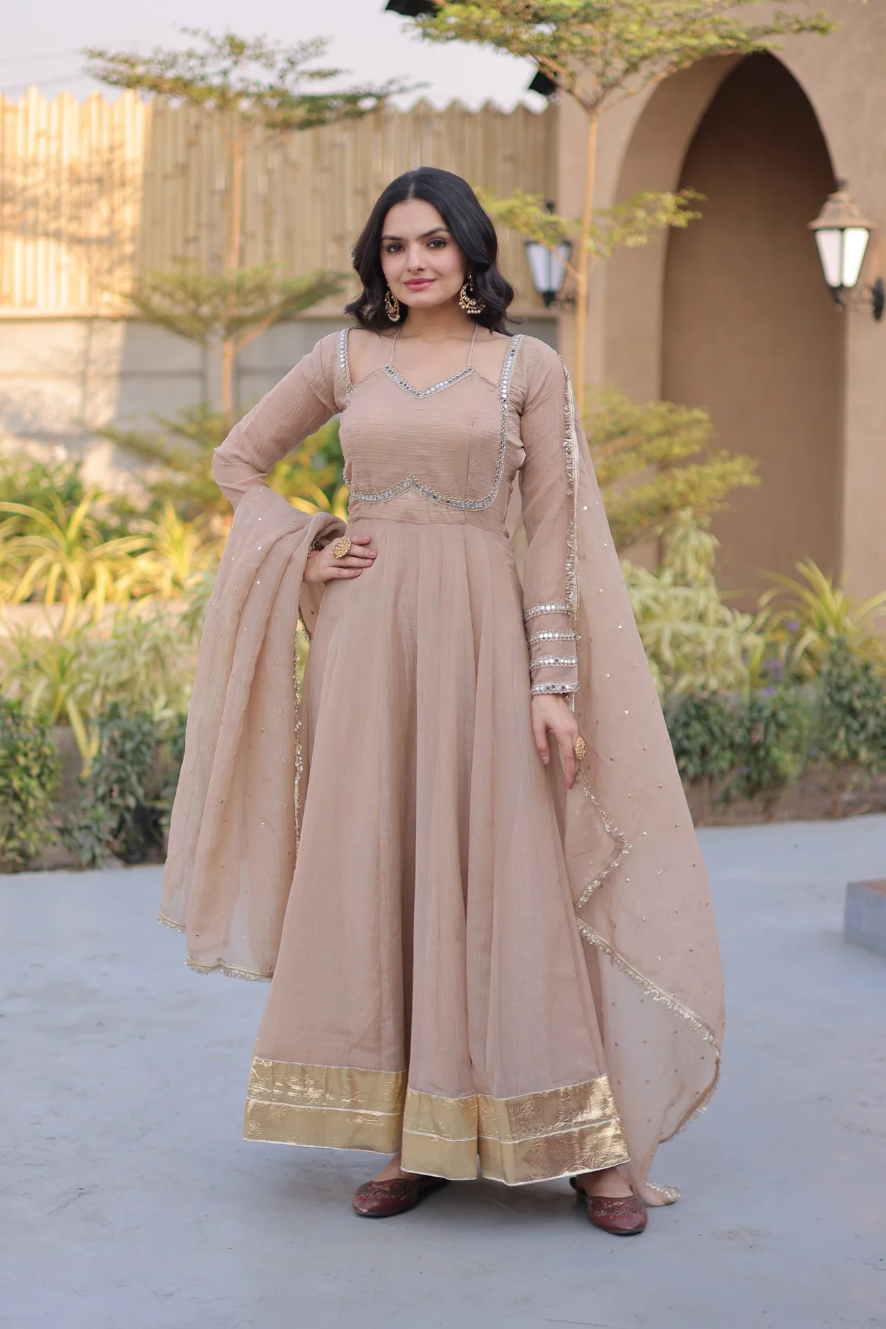 Women's Crunchy Silk Gown with Dupatta in Beige — photo 6 of 6
