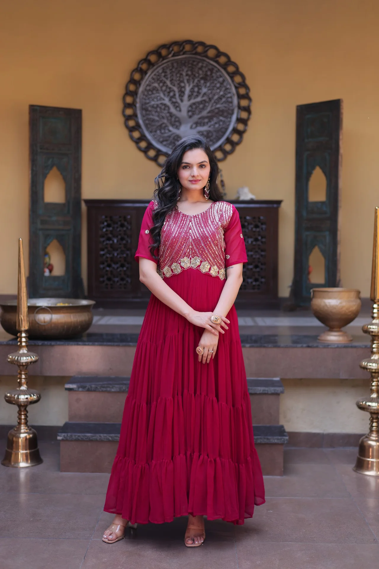 Women's Faux Blooming Readymade Gown with Embroidery Zari Sequins Work in Rani Pink — photo 2 of 7