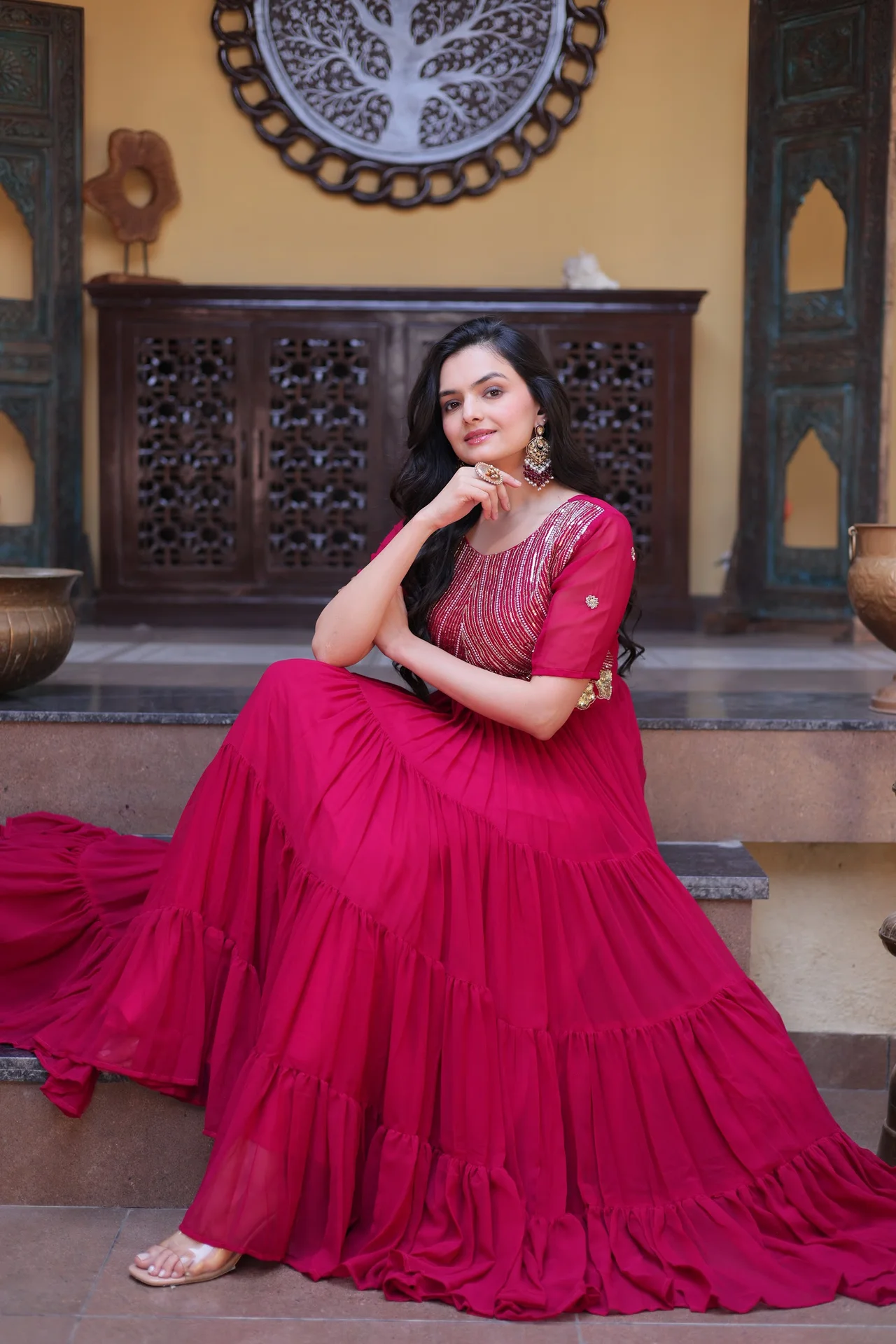 Women's Faux Blooming Readymade Gown with Embroidery Zari Sequins Work in Rani Pink — photo 3 of 7