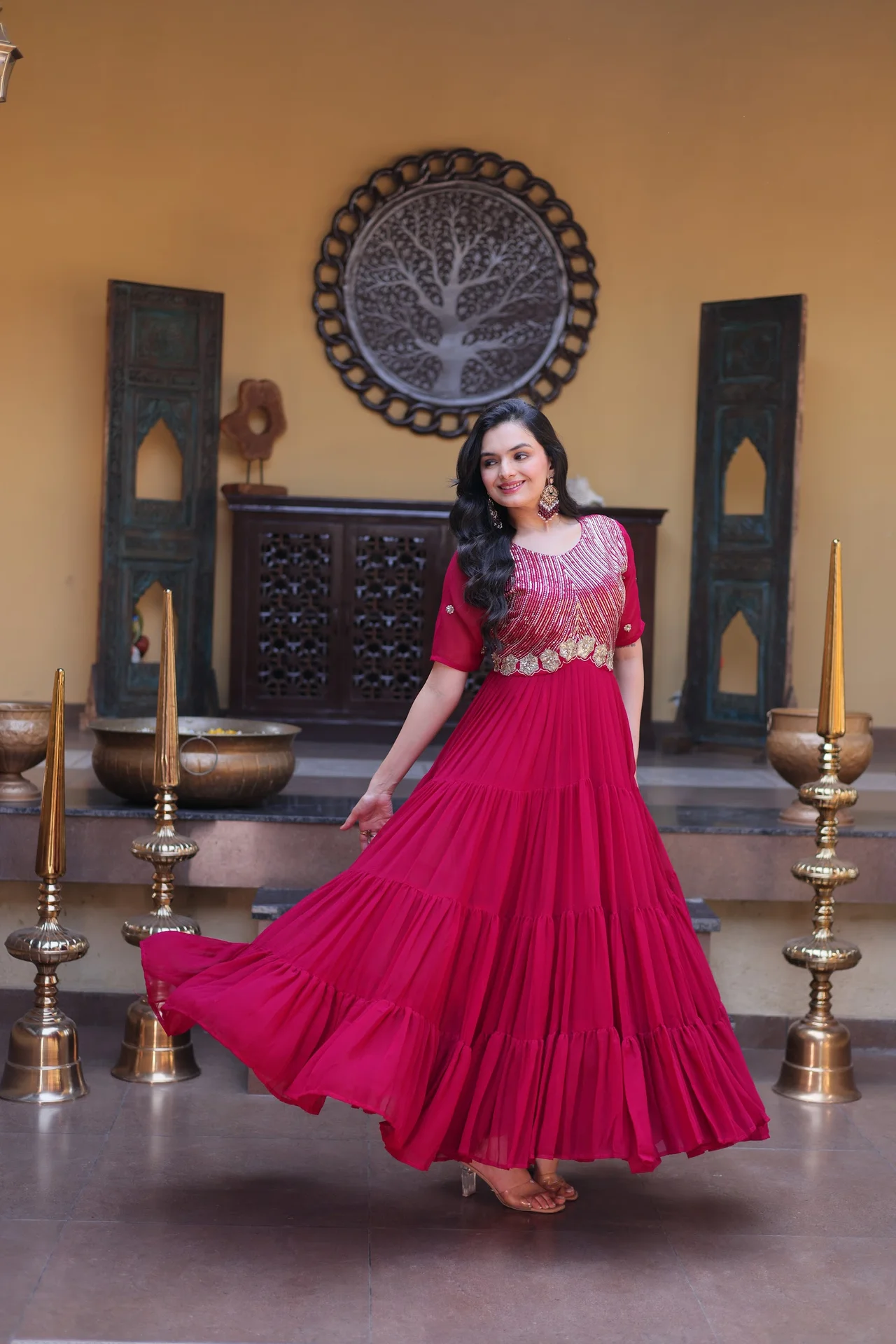 Women's Faux Blooming Readymade Gown with Embroidery Zari Sequins Work in Rani Pink — photo 4 of 7
