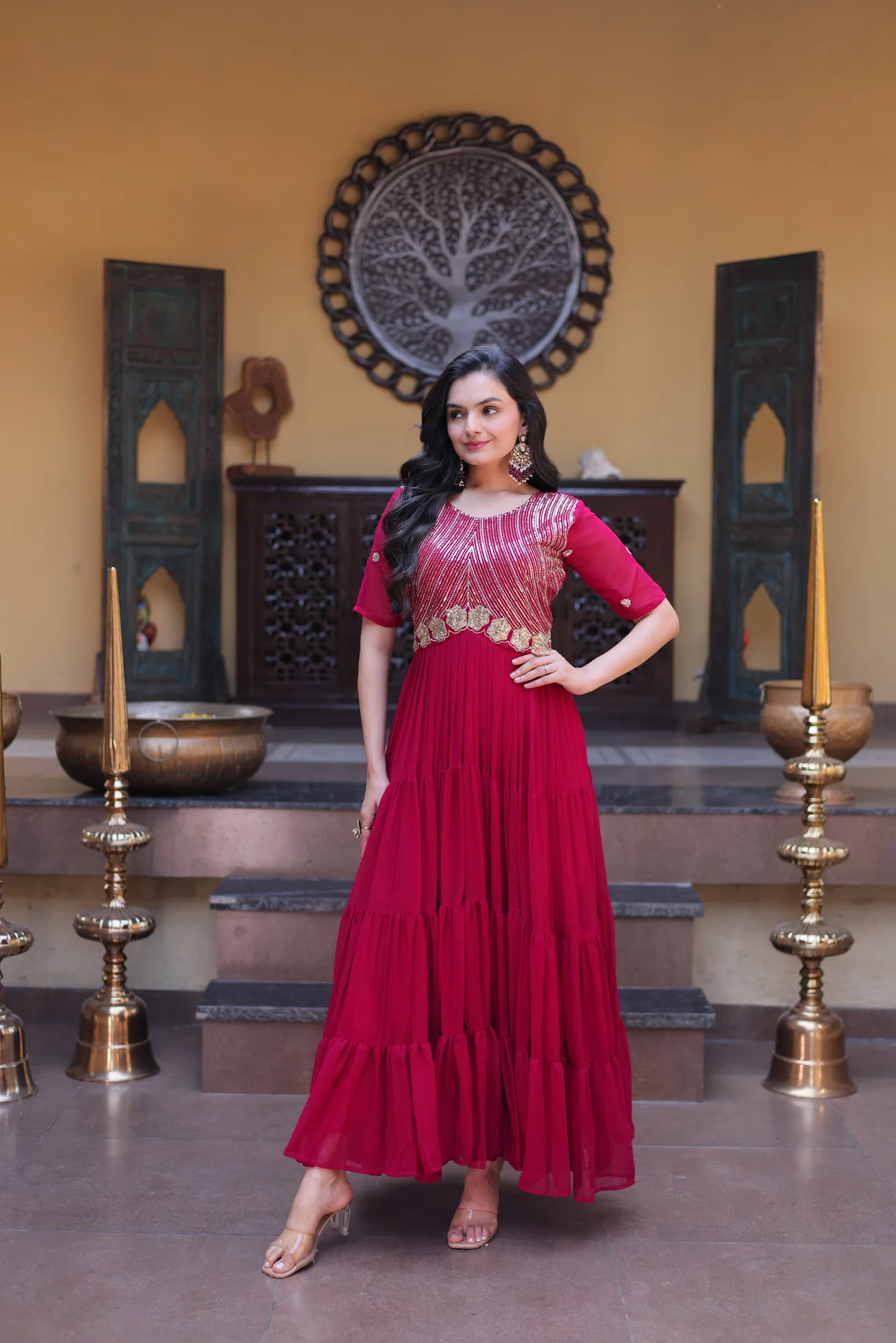 Women's Faux Blooming Readymade Gown with Embroidery Zari Sequins Work in Rani Pink — photo 6 of 7