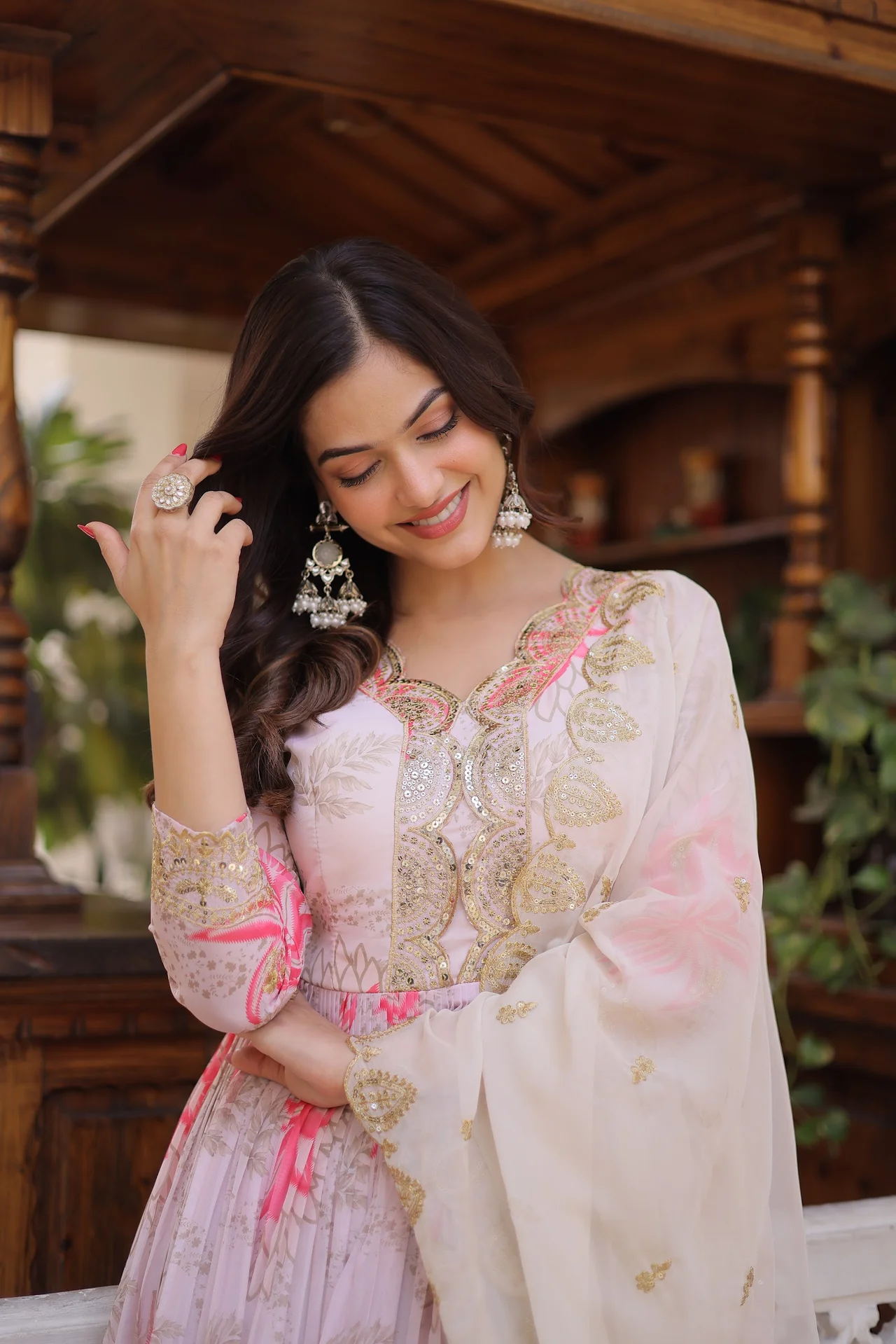 Women's Russian Silk Gown with Dupatta in Baby Pink — photo 2 of 6
