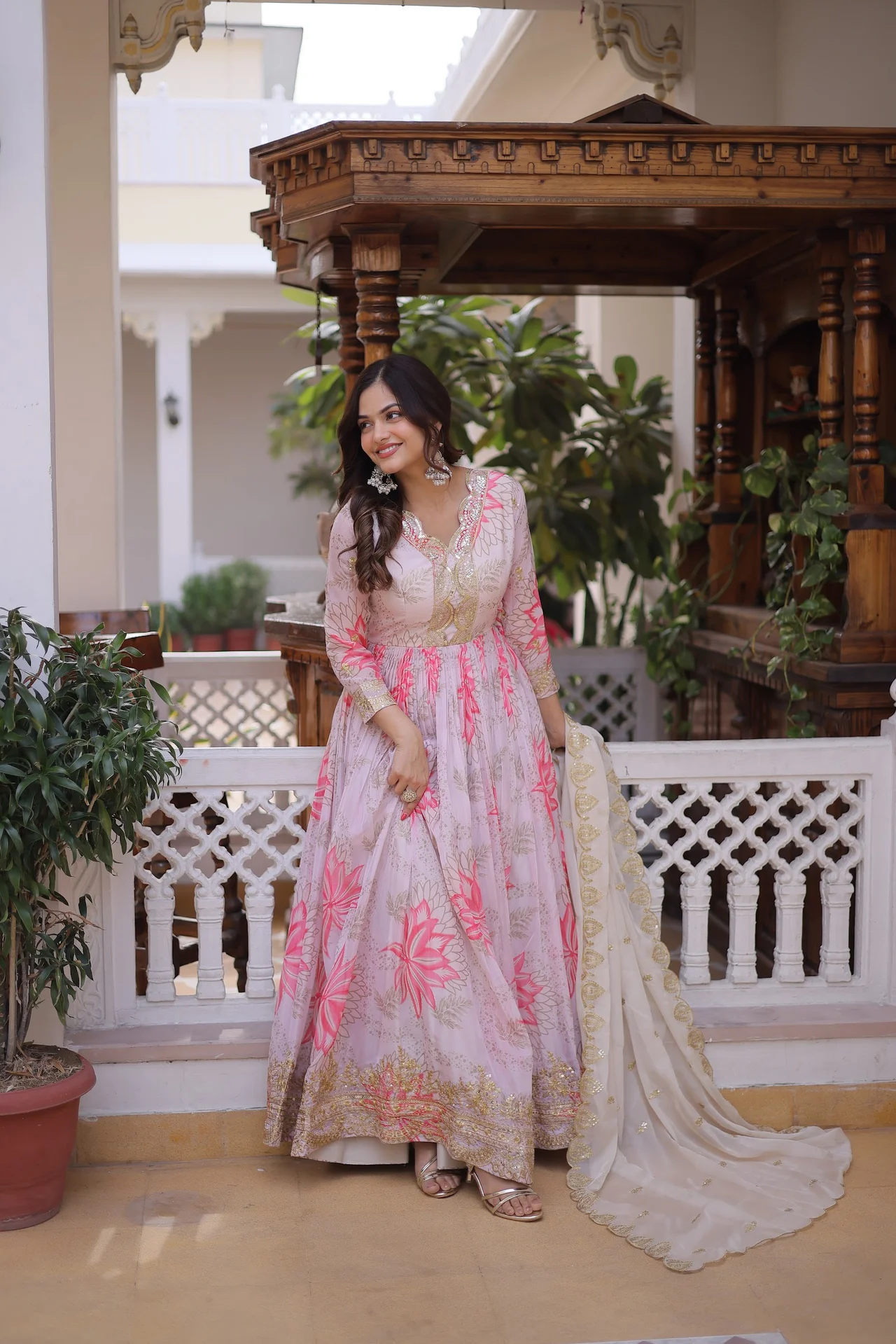 Women's Russian Silk Gown with Dupatta in Baby Pink — photo 3 of 6