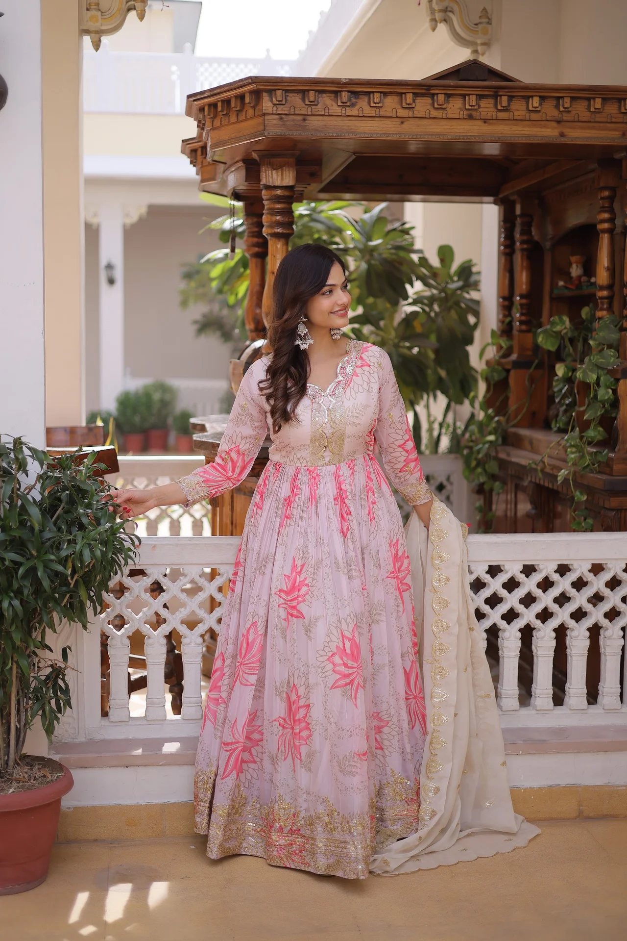 Women's Russian Silk Gown with Dupatta in Baby Pink — photo 4 of 6
