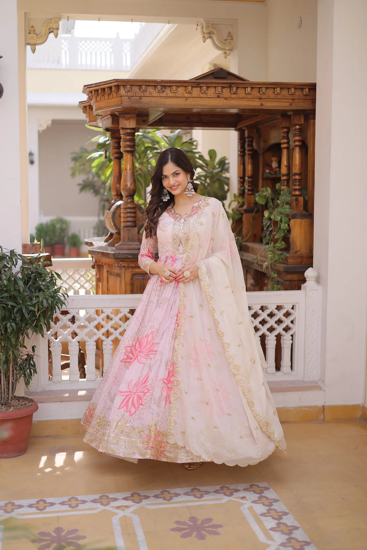 Women's Russian Silk Gown with Dupatta in Baby Pink — photo 5 of 6