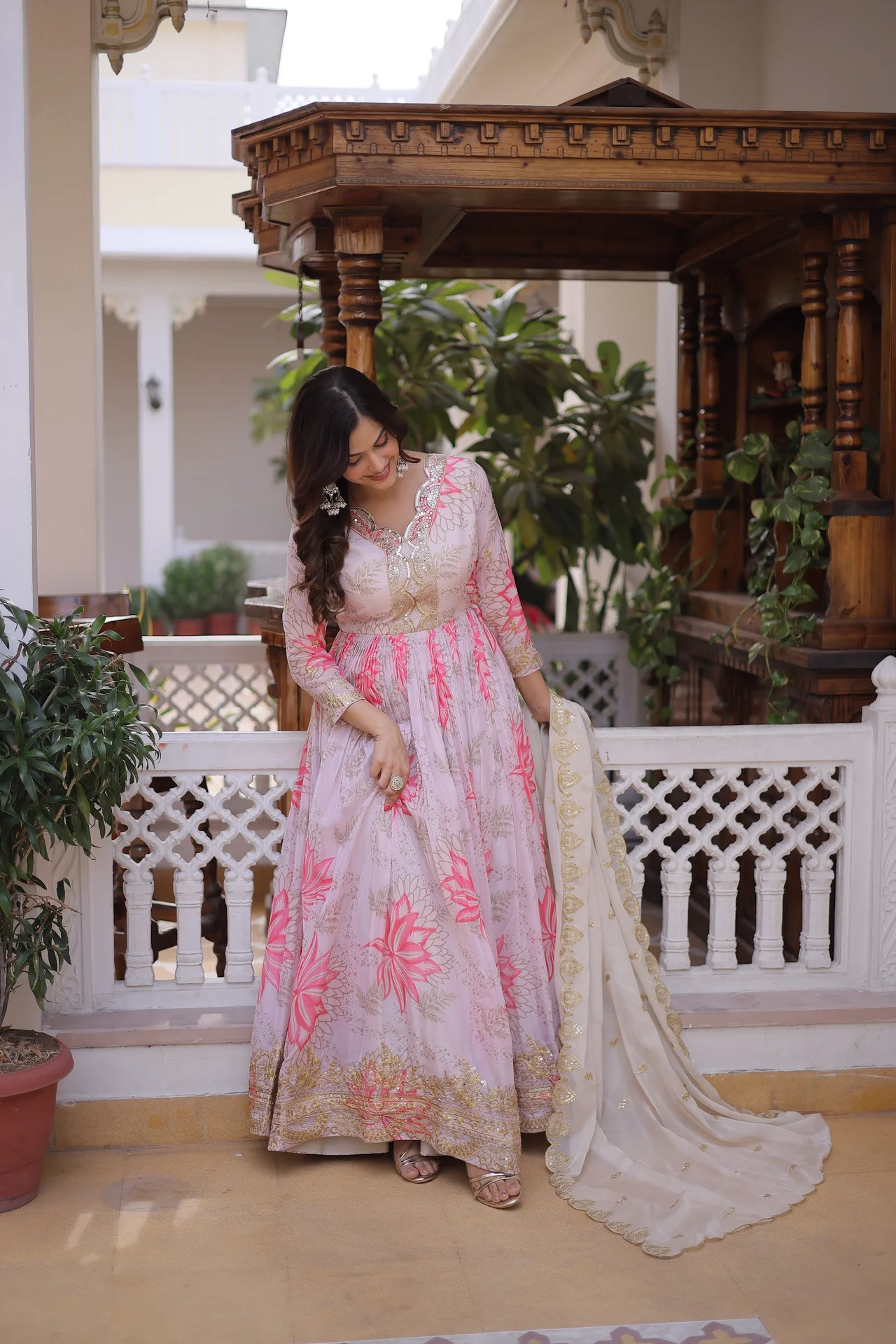 Women's Russian Silk Gown with Dupatta in Baby Pink — photo 6 of 6