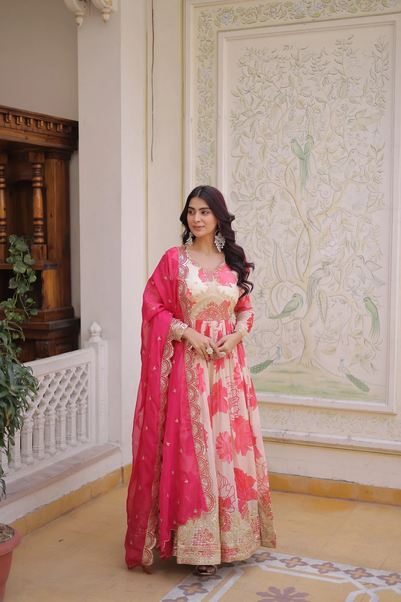 Women's Russian Silk Gown with Dupatta in Pink — photo 2 of 6