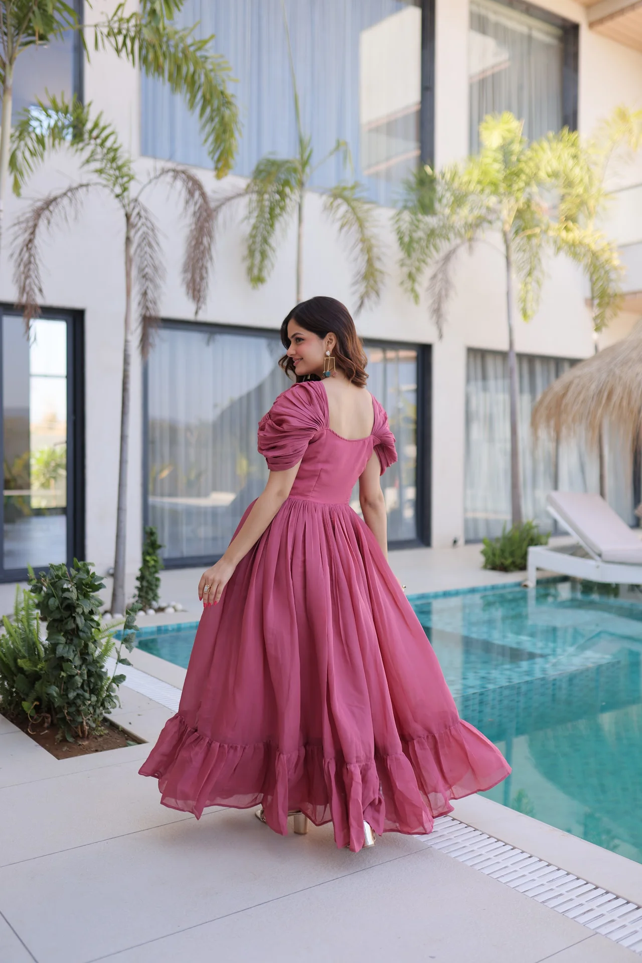 Women's Mal Chanderi Embroidered Gown with Beads Work in Rani Pink — photo 2 of 6