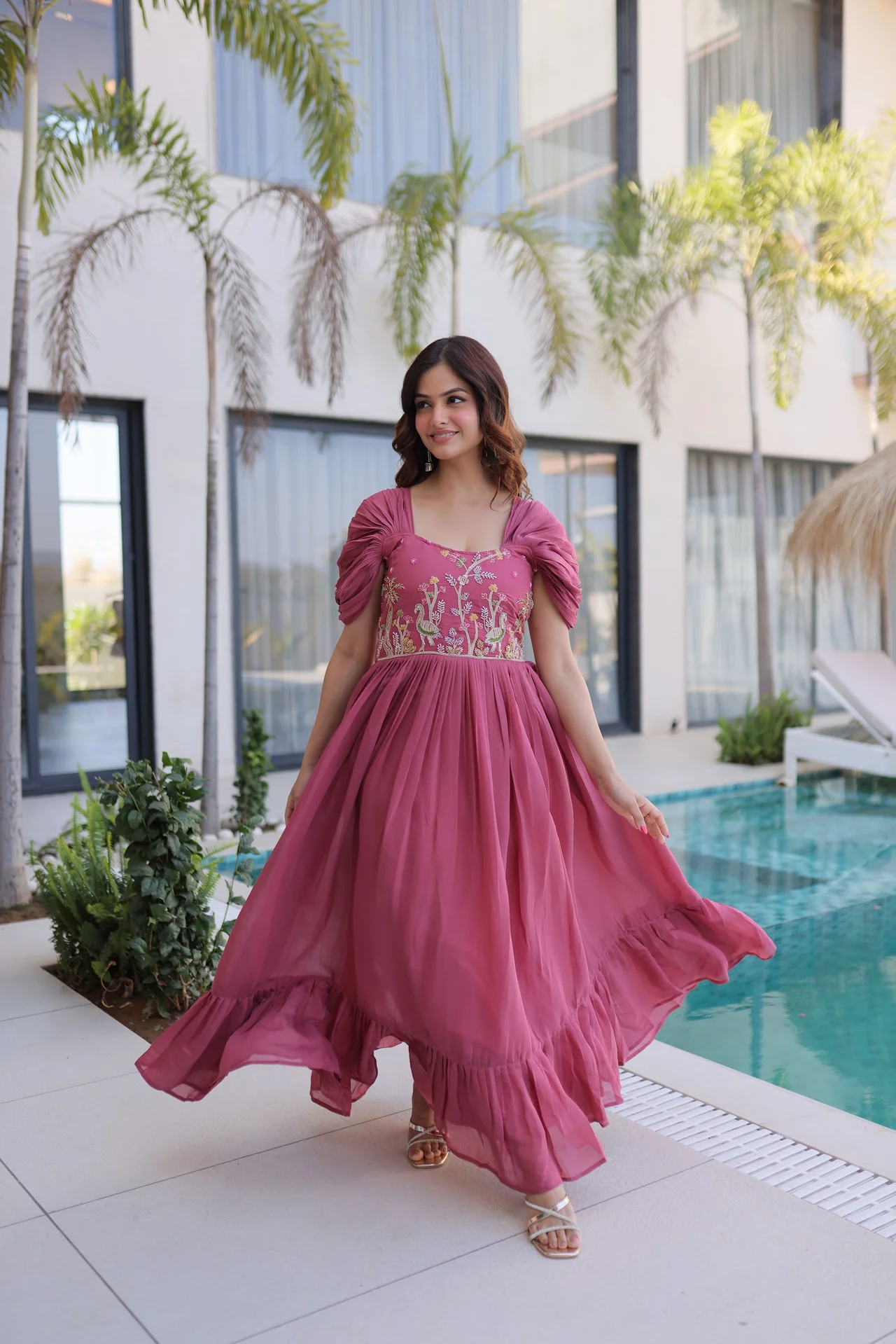 Women's Mal Chanderi Embroidered Gown with Beads Work in Rani Pink — photo 4 of 6