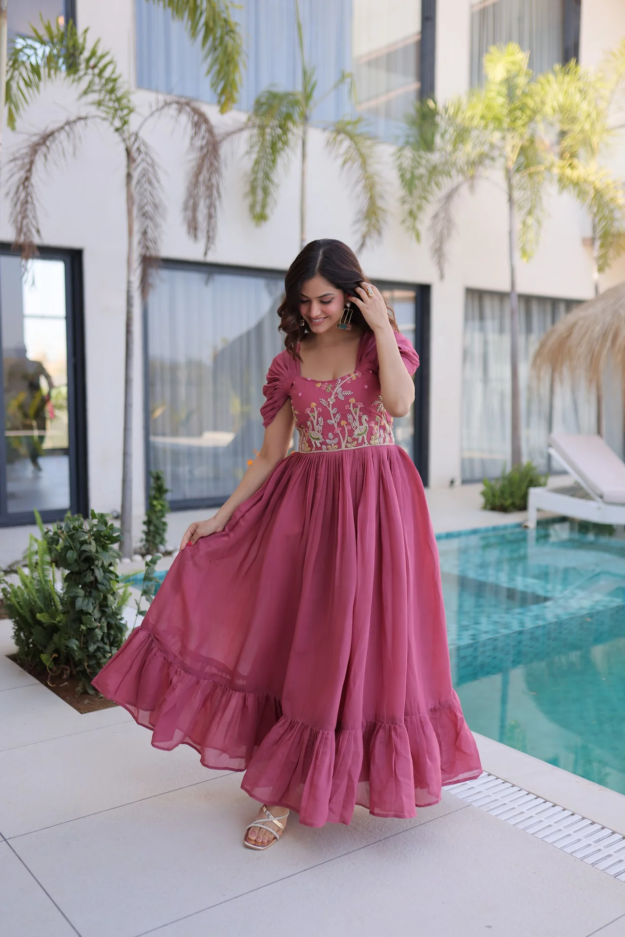 Women's Mal Chanderi Embroidered Gown with Beads Work in Rani Pink — photo 5 of 6