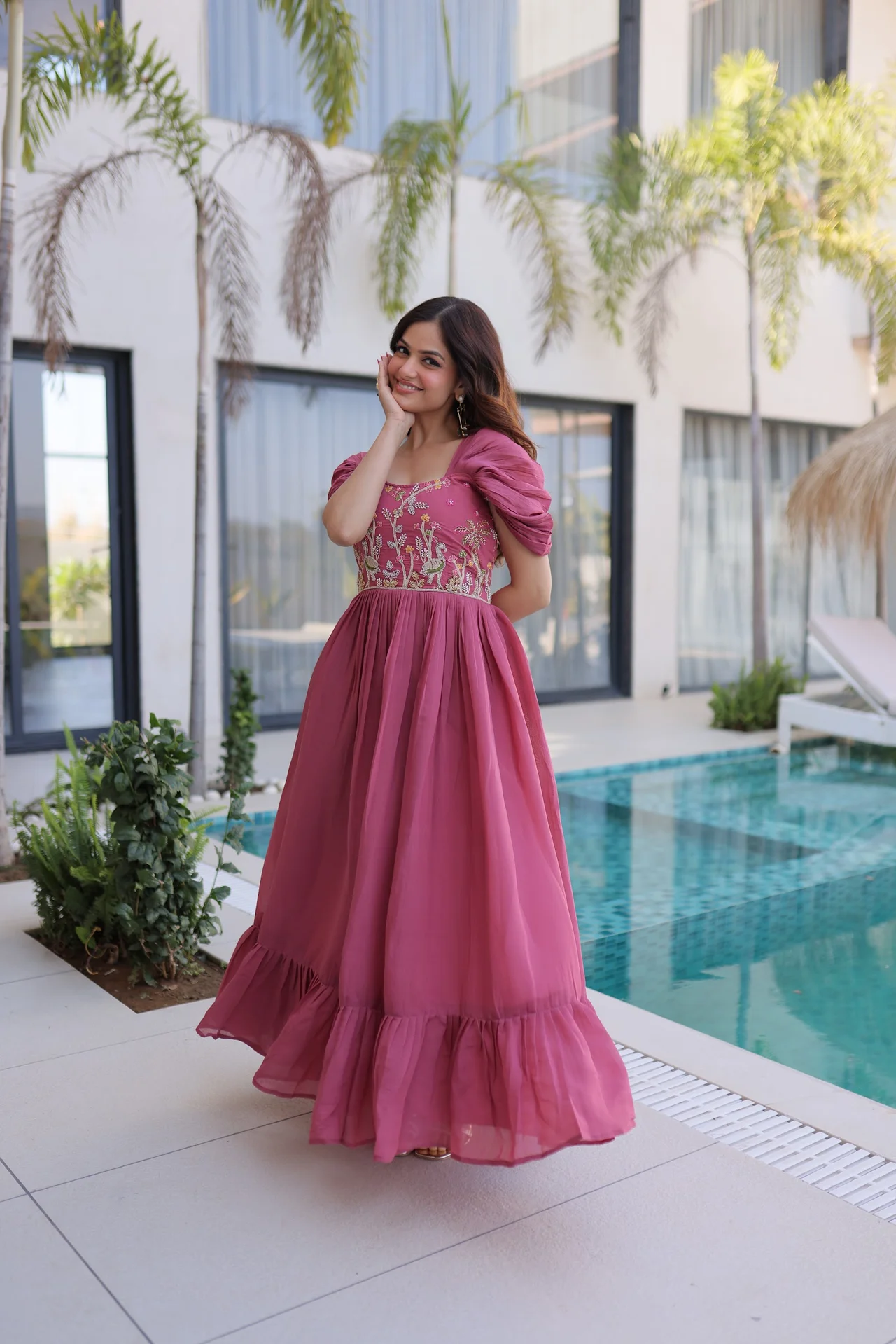 Women's Mal Chanderi Embroidered Gown with Beads Work in Rani Pink — photo 6 of 6