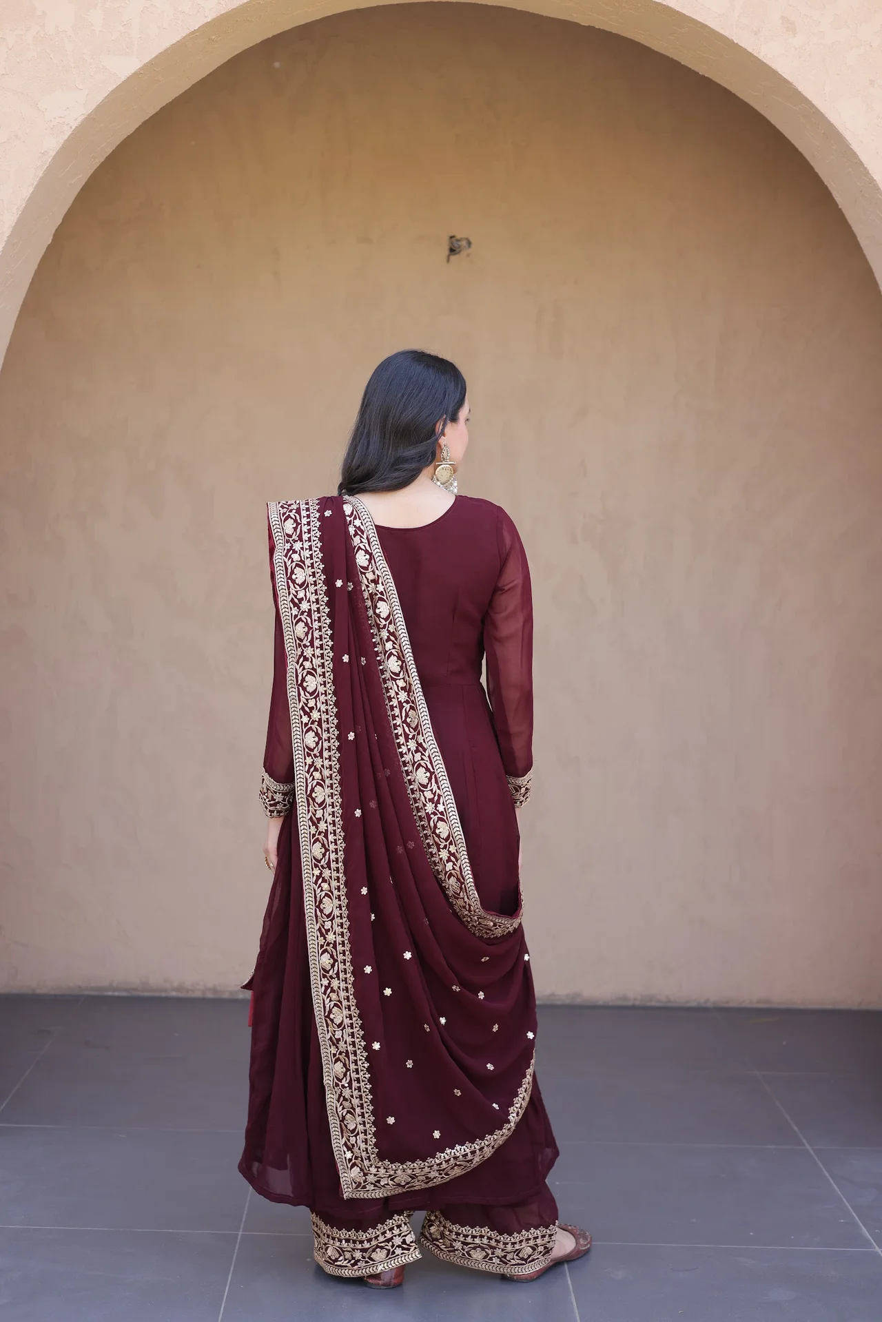 Women's Faux Blooming Embroidered Gown Set with Pant & Dupatta in Maroon — photo 2 of 6
