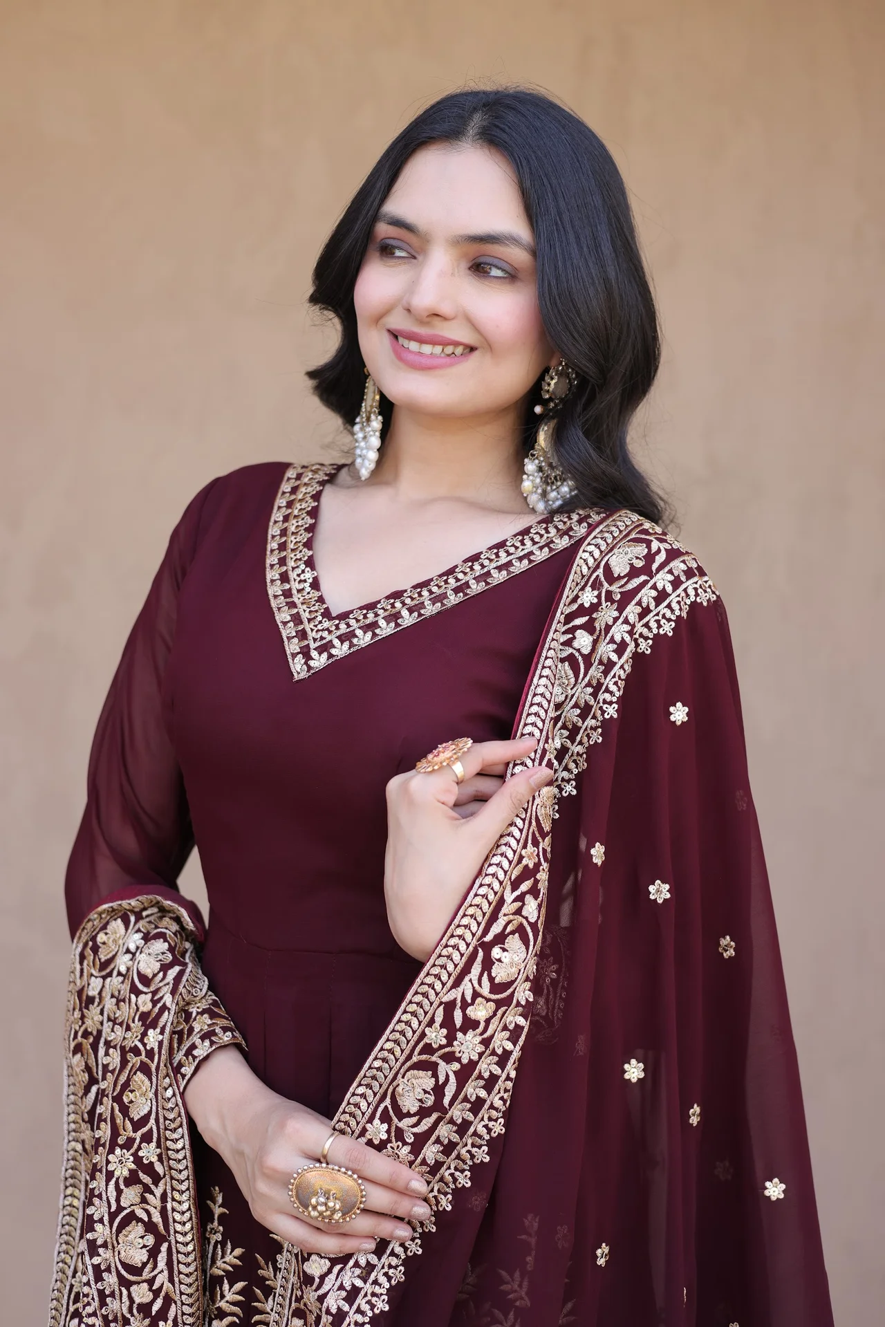 Women's Faux Blooming Embroidered Gown Set with Pant & Dupatta in Maroon — photo 3 of 6