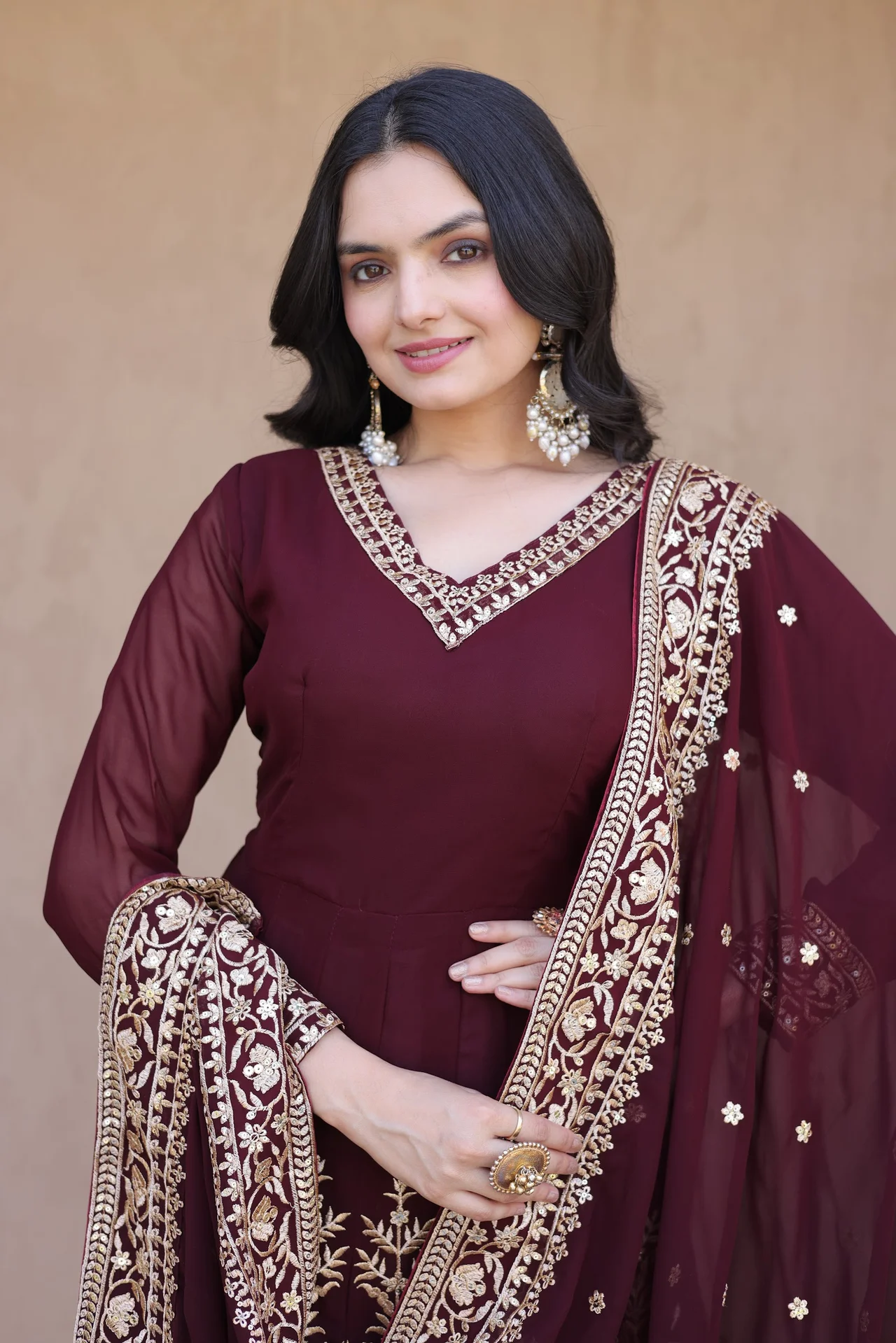 Women's Faux Blooming Embroidered Gown Set with Pant & Dupatta in Maroon — photo 4 of 6